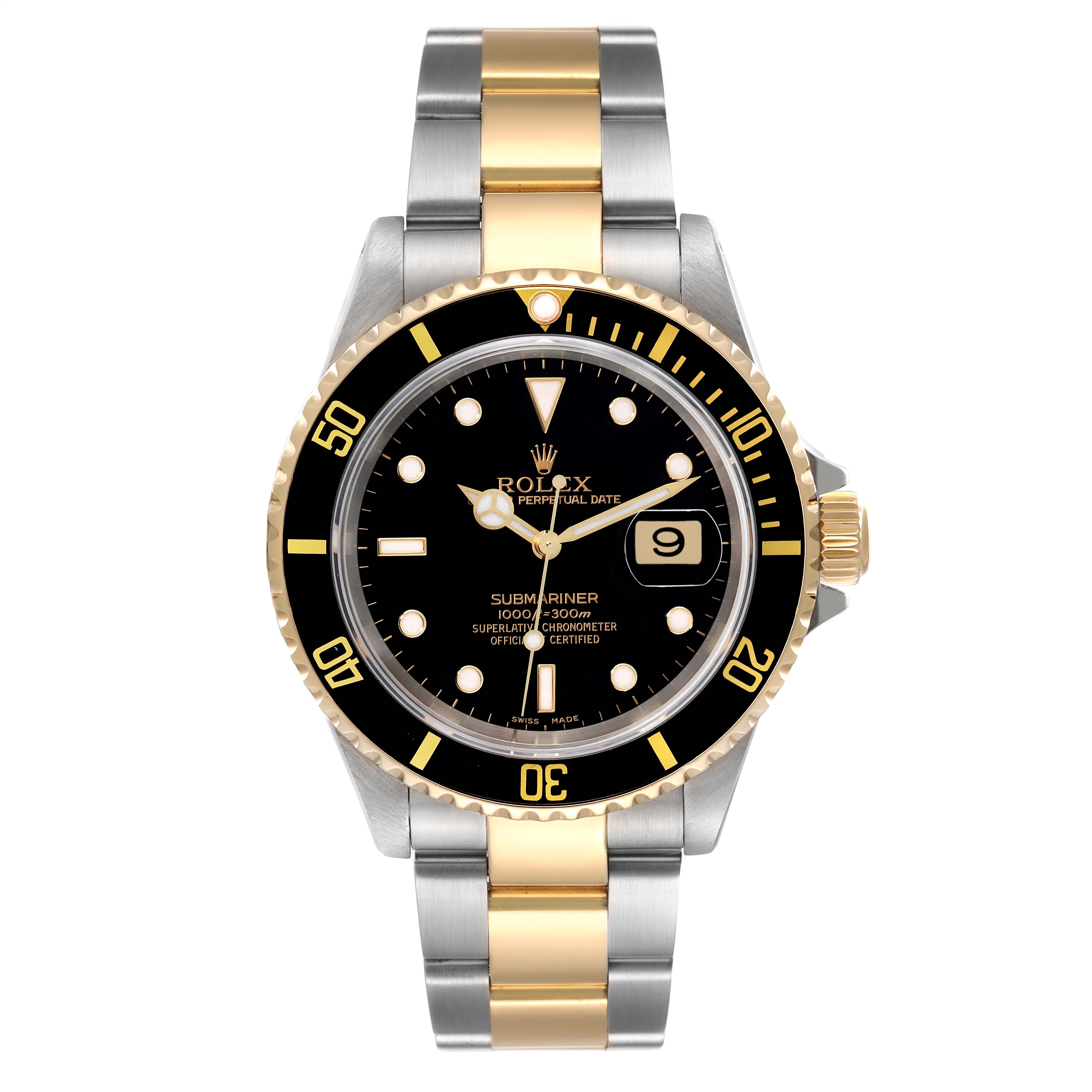 The image shows a Rolex Submariner 16613 Men's Steel and Gold (two tone) Black Dial 16613 Men's Steel and Gold (two tone) Black Dial watch from a front view, highlighting its black dial, date display, and two-tone bracelet.