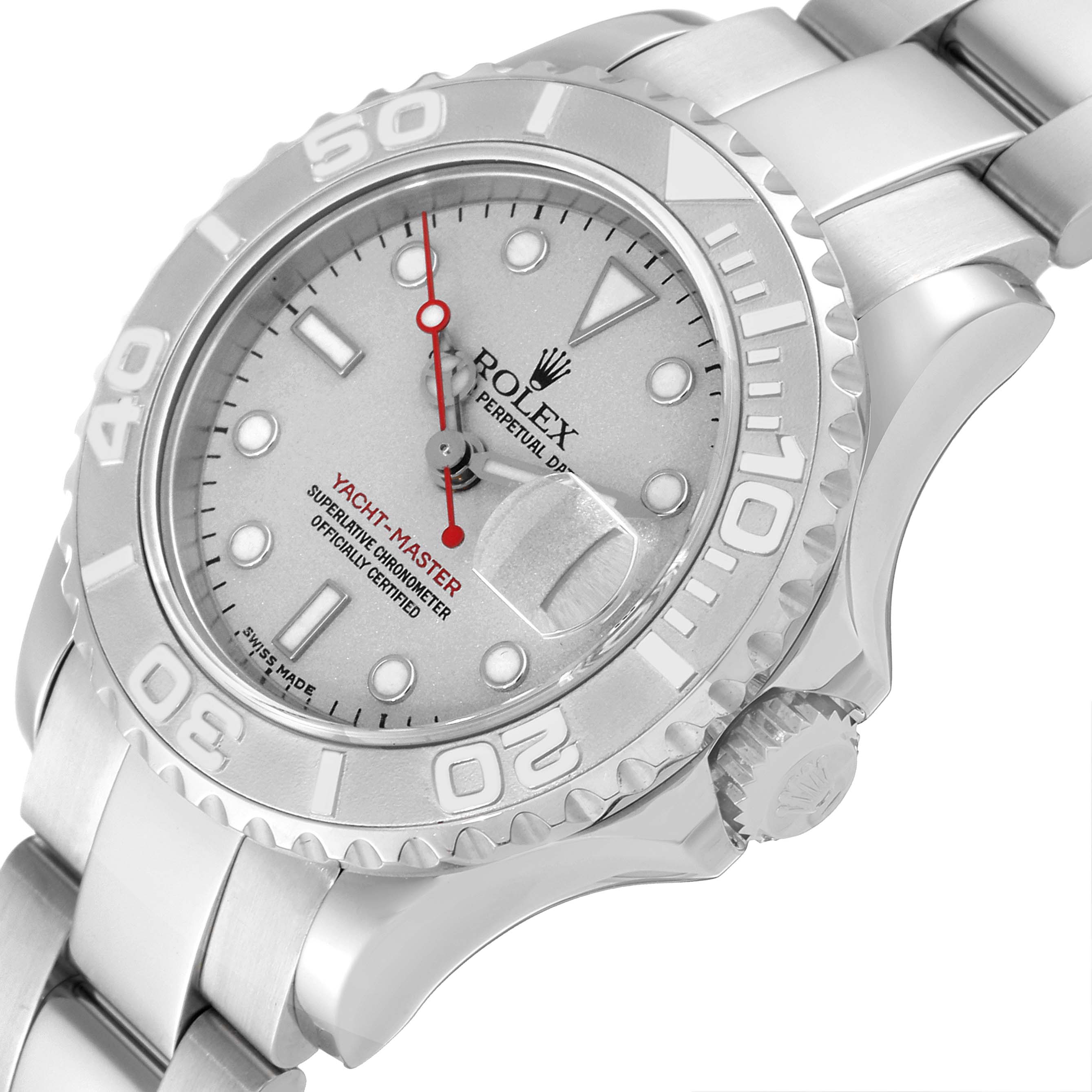 The Rolex Yacht-Master 169622 Women's Stainless Steel Silver Dial 169622 Women's Stainless Steel Silver Dial watch is shown at an angle displaying the dial, bezel, crown, and part of the bracelet.