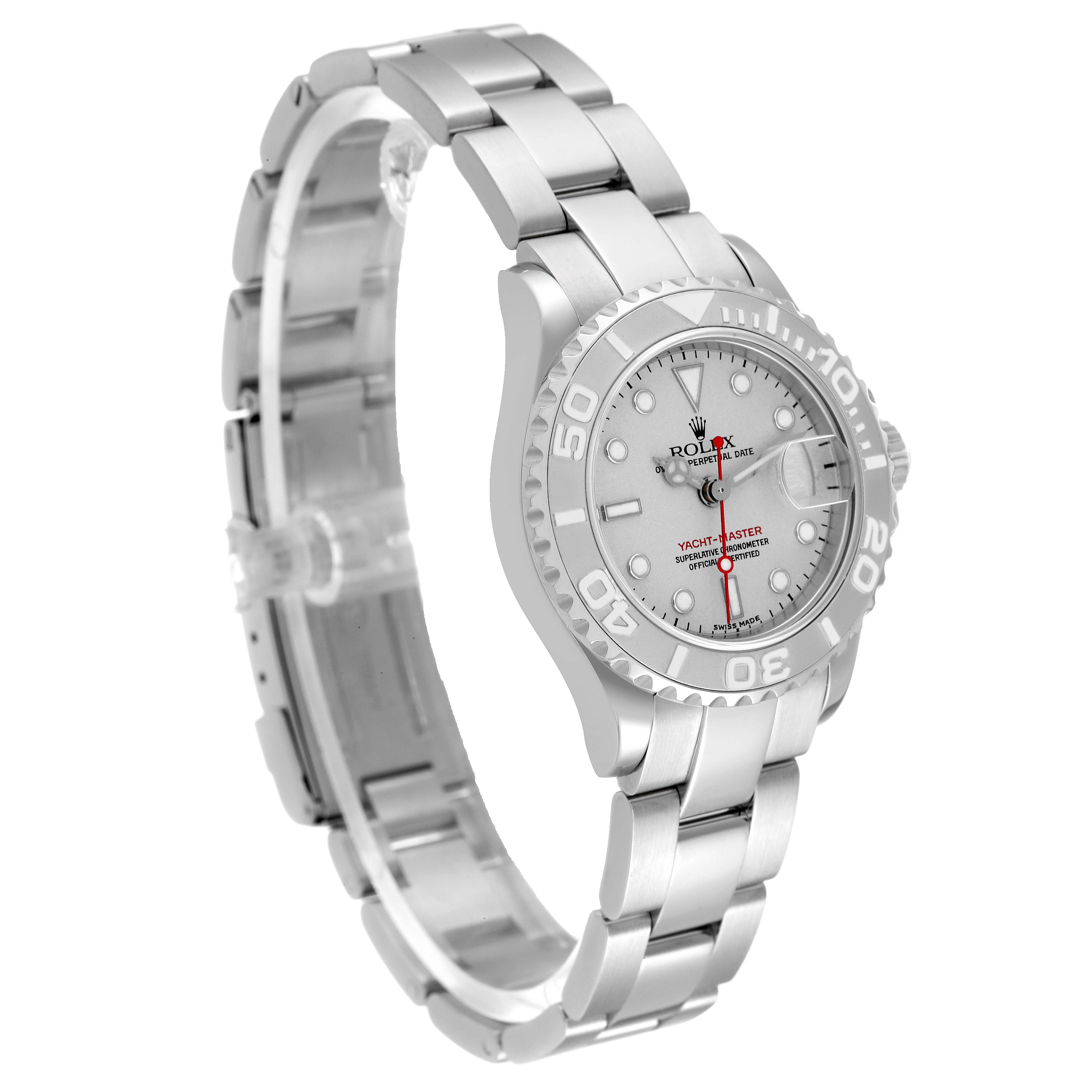 The Rolex Yacht-Master 169622 Women's Stainless Steel Silver Dial 169622 Women's Stainless Steel Silver Dial watch is shown at an angle displaying the dial, bezel, and bracelet.