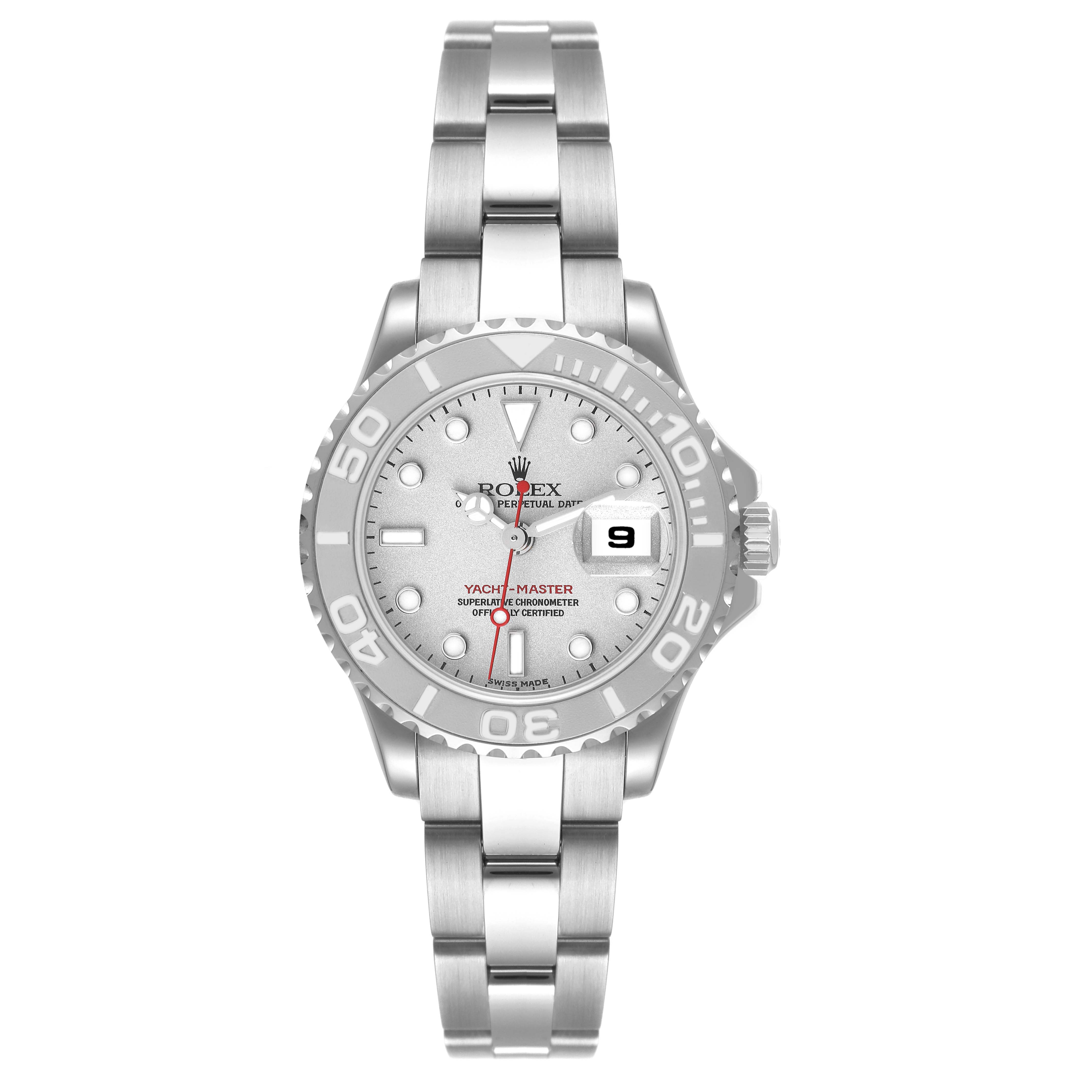 This image shows a front view of the Rolex Yacht-Master 169622 Women's Stainless Steel Silver Dial 169622 Women's Stainless Steel Silver Dial watch, including the face, bezel, bracelet, and date display.
