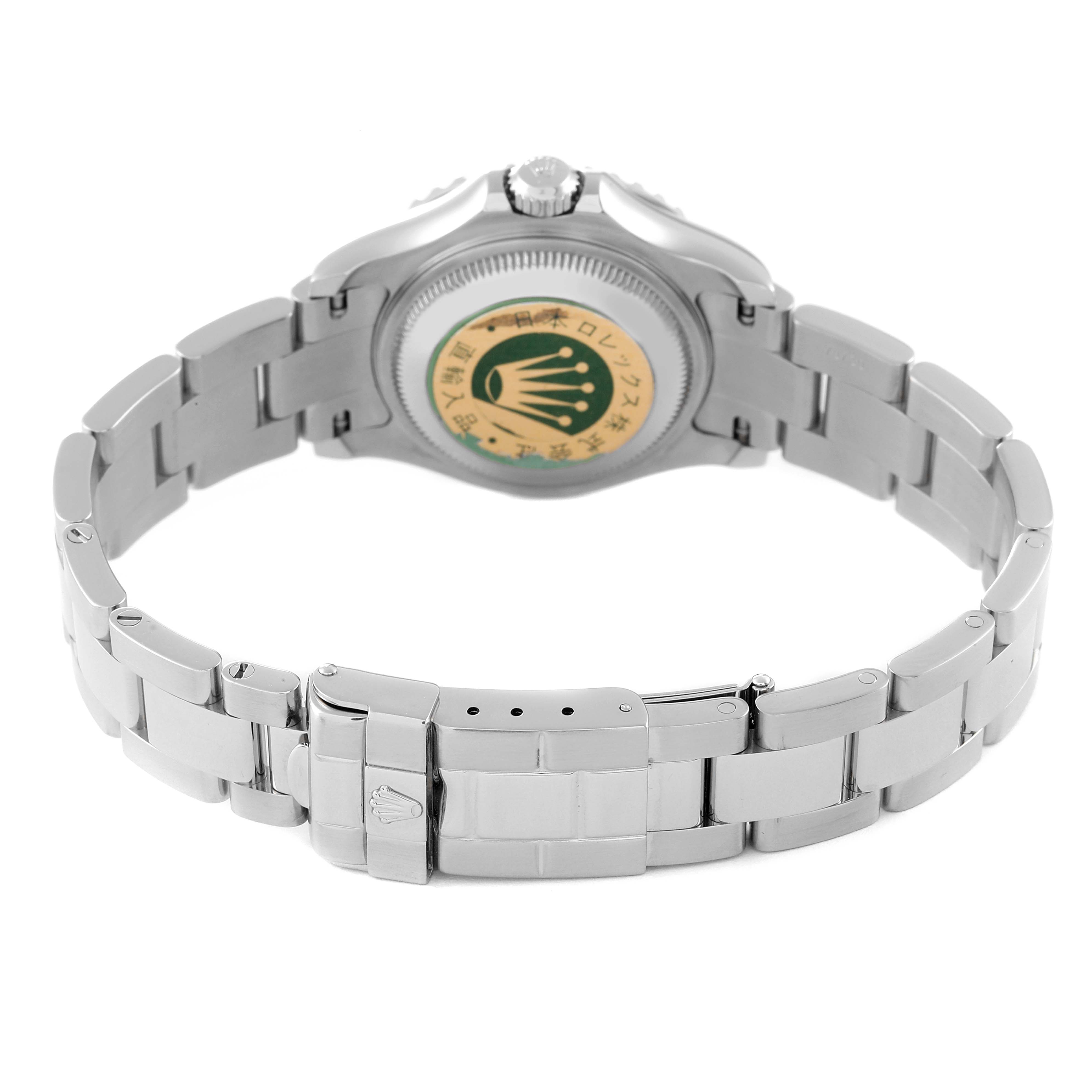 This image shows the back view of a Rolex Yacht-Master 169622 Women's Stainless Steel Silver Dial 169622 Women's Stainless Steel Silver Dial watch, focusing on the bracelet and case back.