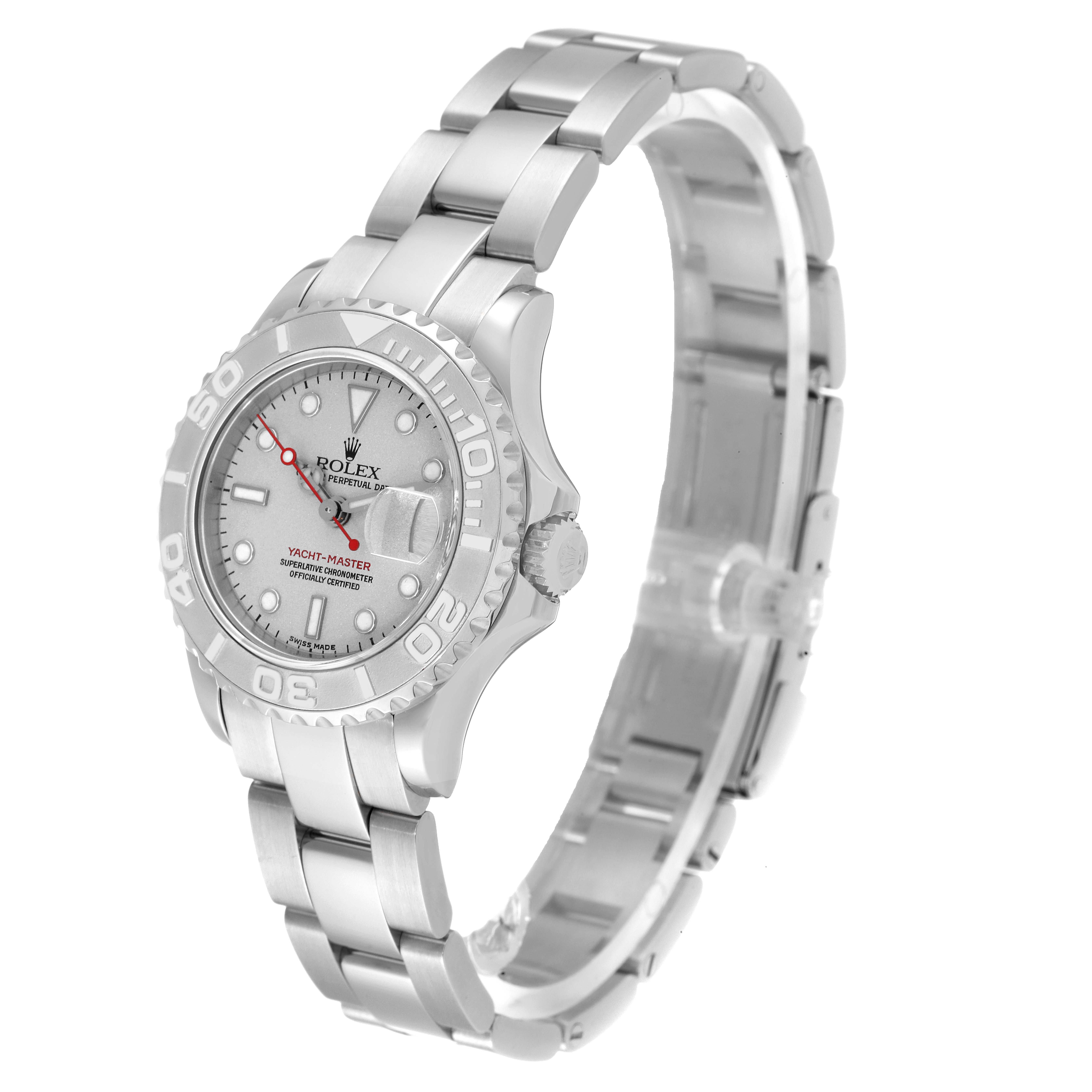 This image shows a Rolex Yacht-Master 169622 Women's Stainless Steel Silver Dial 169622 Women's Stainless Steel Silver Dial watch at a three-quarter angle, highlighting the face, bezel, and stainless steel bracelet.