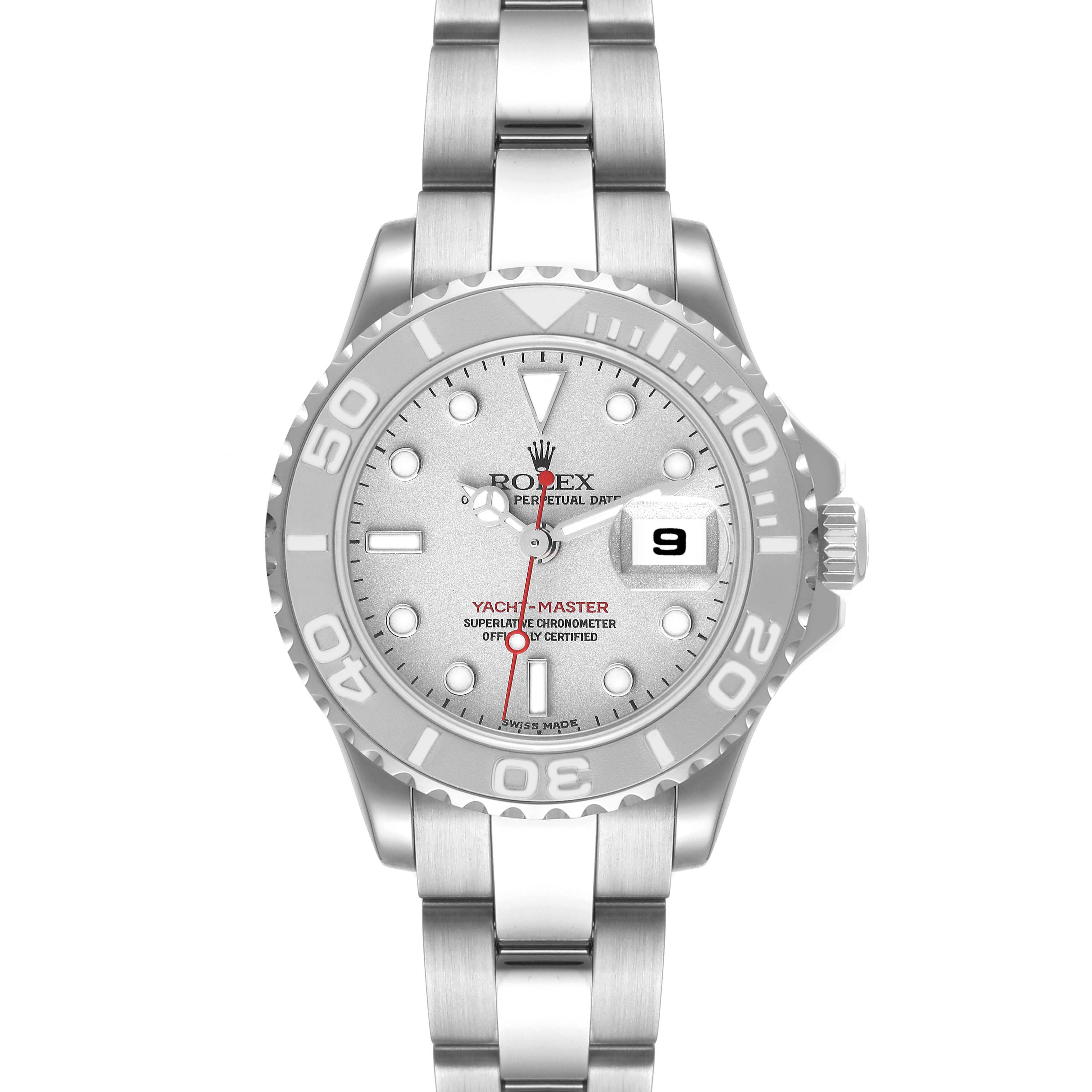 The image shows a front view of the Rolex Yacht-Master 169622 Women's Stainless Steel Silver Dial 169622 Women's Stainless Steel Silver Dial, highlighting its face, date window, bezel, and bracelet.