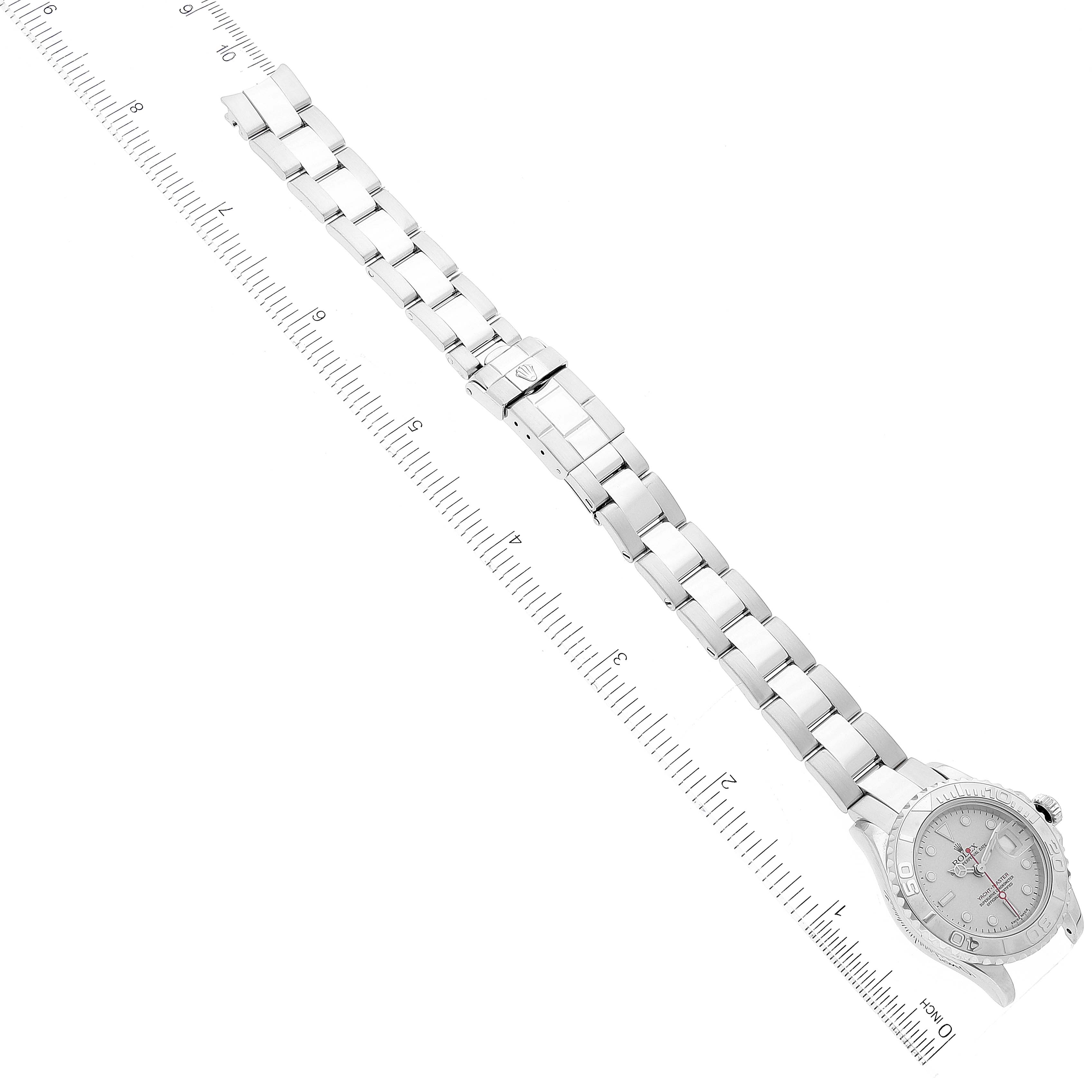 The Rolex Yacht-Master 169622 Women's Stainless Steel Silver Dial 169622 Women's Stainless Steel Silver Dial watch is shown from a top-down angle, displaying its full bracelet length and the watch face.