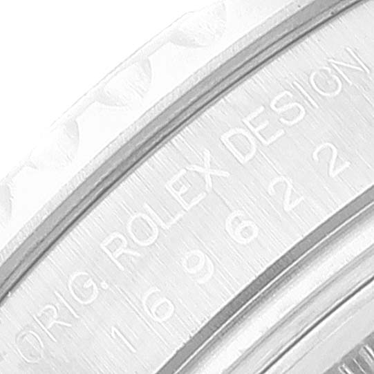 This image shows a close-up view of the bezel and inner ring of a Rolex Yacht-Master 169622 Women's Stainless Steel Silver Dial 169622 Women's Stainless Steel Silver Dial watch, highlighting the engraving.