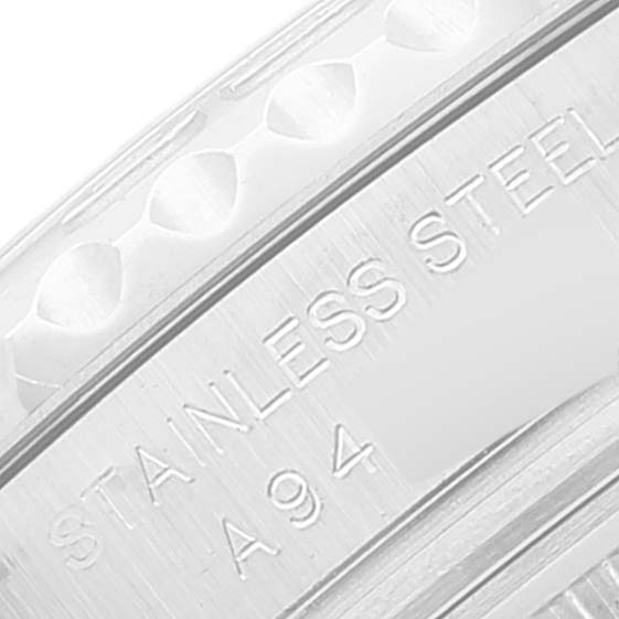 The image shows a close-up of the stainless steel band of a Rolex Yacht-Master 169622 Women's Stainless Steel Silver Dial 169622 Women's Stainless Steel Silver Dial watch displaying the marking "STAINLESS STEEL A 94."