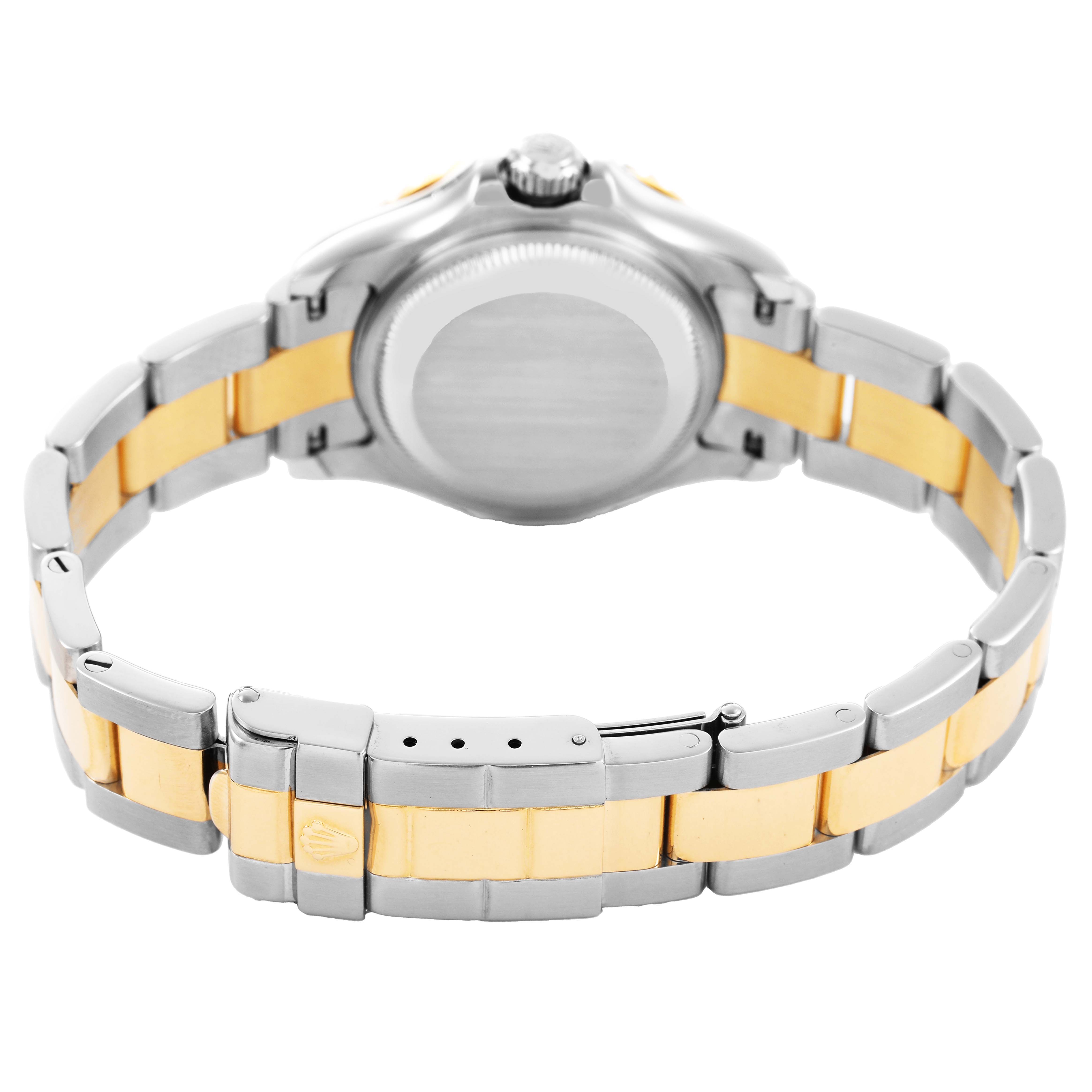 The Rolex Yacht-Master 169623 Women's Steel and Gold (two tone) Champagne Dial watch is shown from the back, displaying its two-tone metal bracelet and clasp.