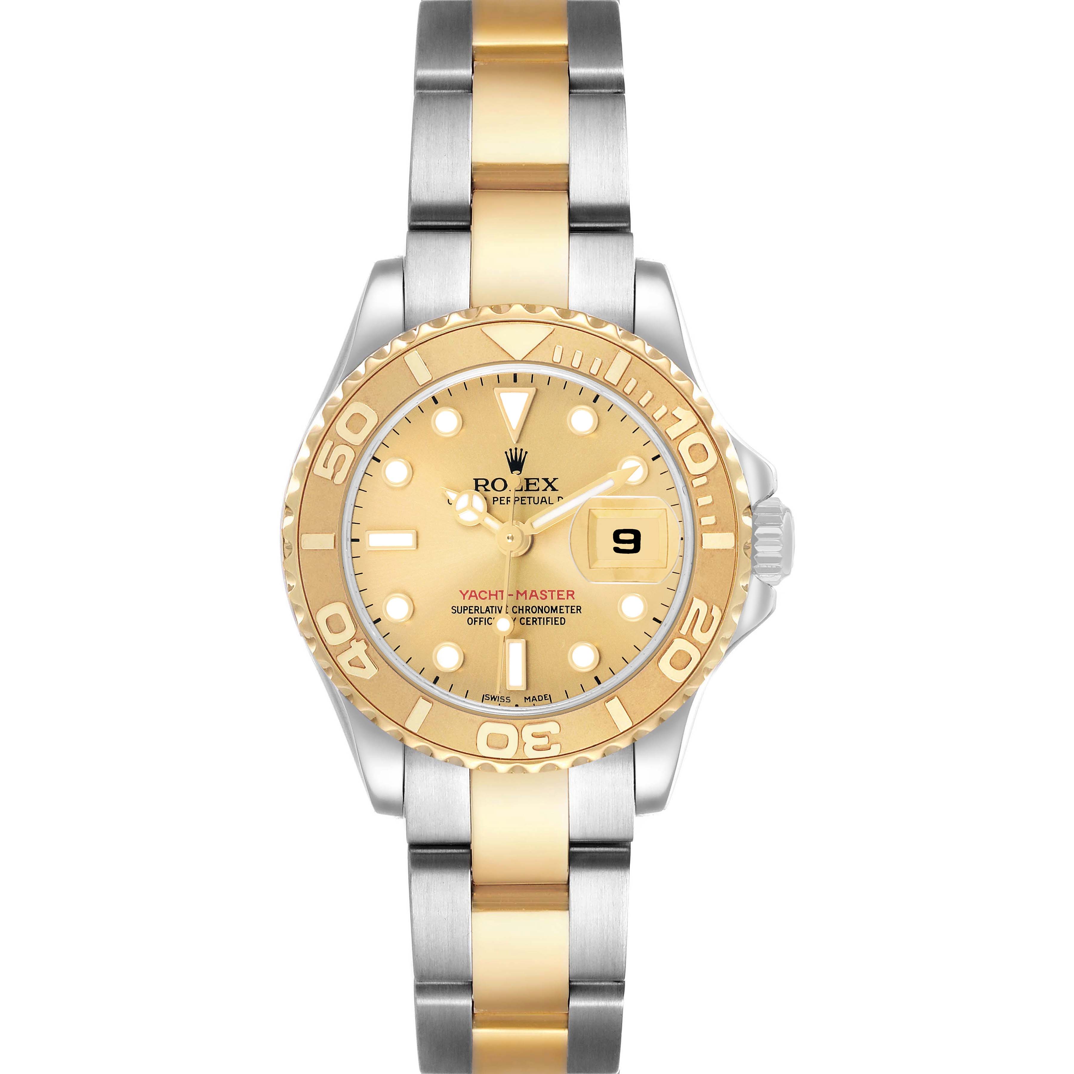 The Rolex Yacht-Master 169623 Women's Steel and Gold (two tone) Champagne Dial watch is shown from a top-down angle, highlighting the bezel, dial, and two-tone bracelet.