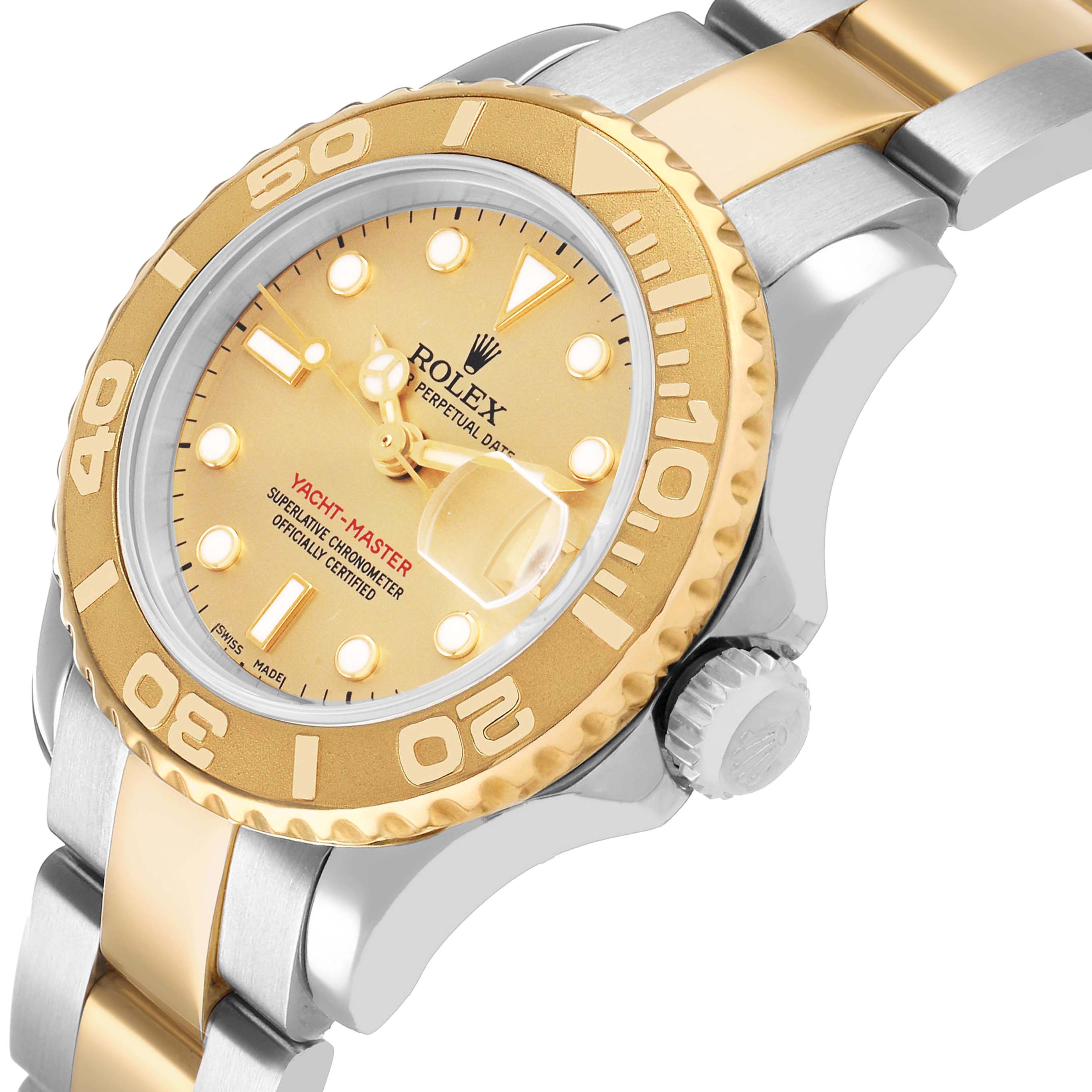 The Rolex Yacht-Master 169623 Women's Steel and Gold (two tone) Champagne Dial watch is shown at a slight angle highlighting the bezel, crown, and bracelet.