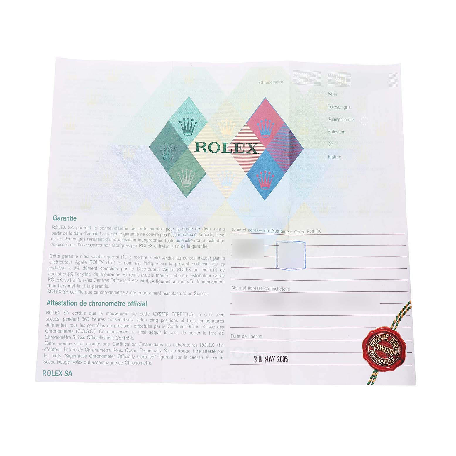 The image displays a Rolex Yacht-Master 169623 Women's Steel and Gold (two tone) Champagne Dial warranty and chronometer certification document from 2005.
