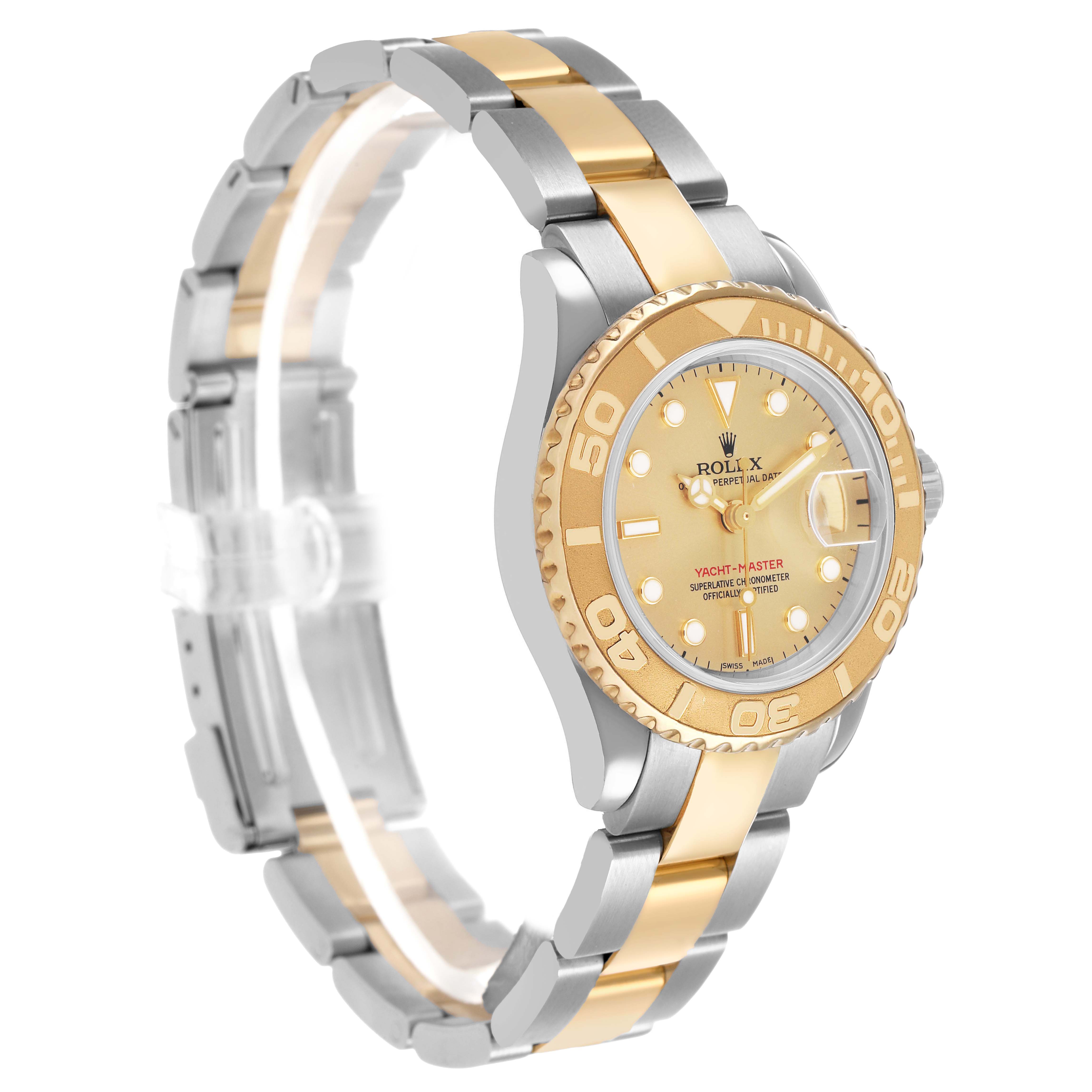 The Rolex Yacht-Master 169623 Women's Steel and Gold (two tone) Champagne Dial watch is shown at a slight side angle, highlighting its gold and silver bracelet, bezel, and face.