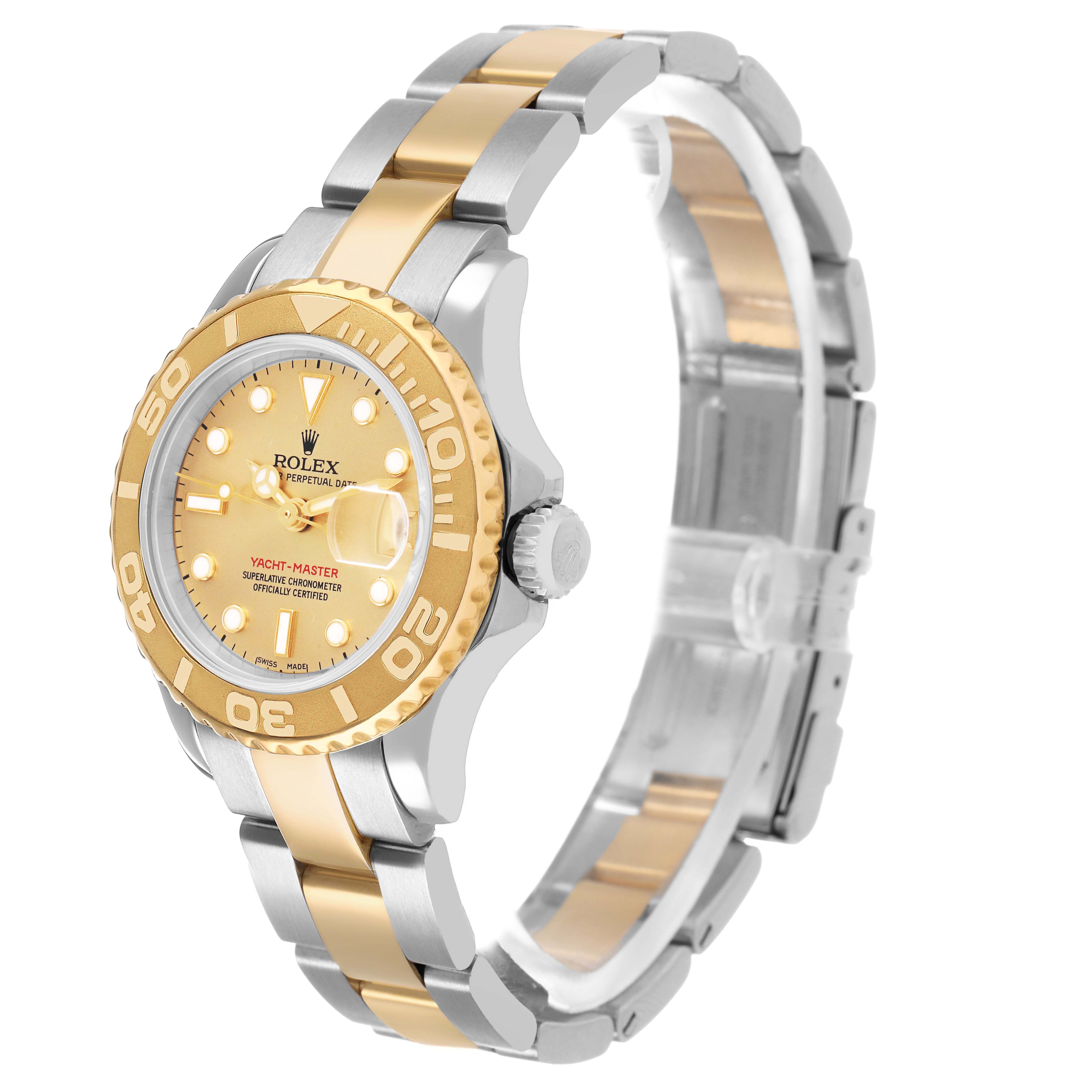 The Rolex Yacht-Master 169623 Women's Steel and Gold (two tone) Champagne Dial watch is shown at a three-quarter angle, highlighting its bezel, face, crown, and two-tone bracelet.
