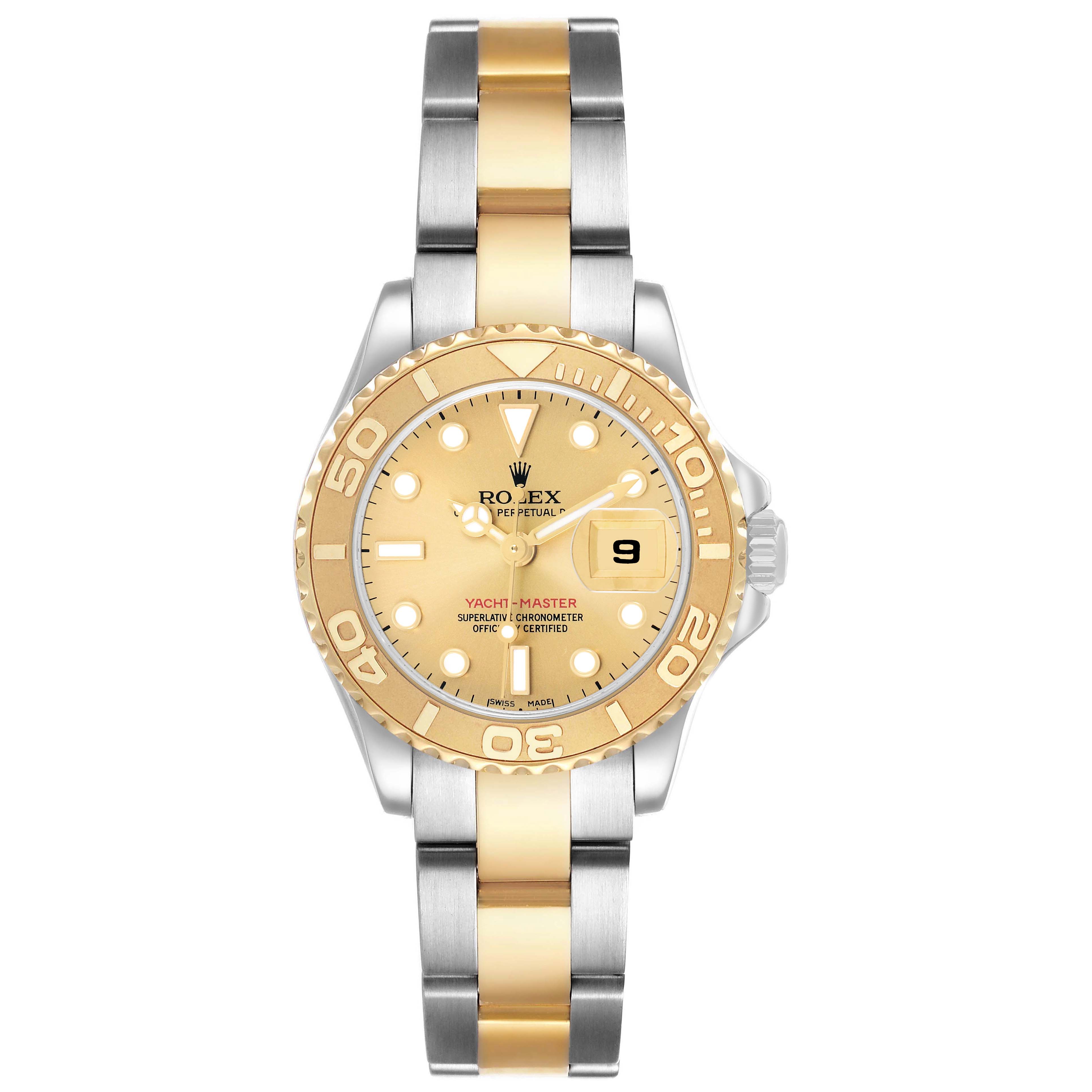 The Rolex Yacht-Master 169623 Women's Steel and Gold (two tone) Champagne Dial watch is shown from a front angle, displaying its two-tone bracelet and golden bezel.