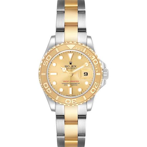 The Rolex Yacht-Master 169623 Women's Steel and Gold (two tone) Champagne Dial is shown from the front, displaying the dial, bezel, and two-tone bracelet.