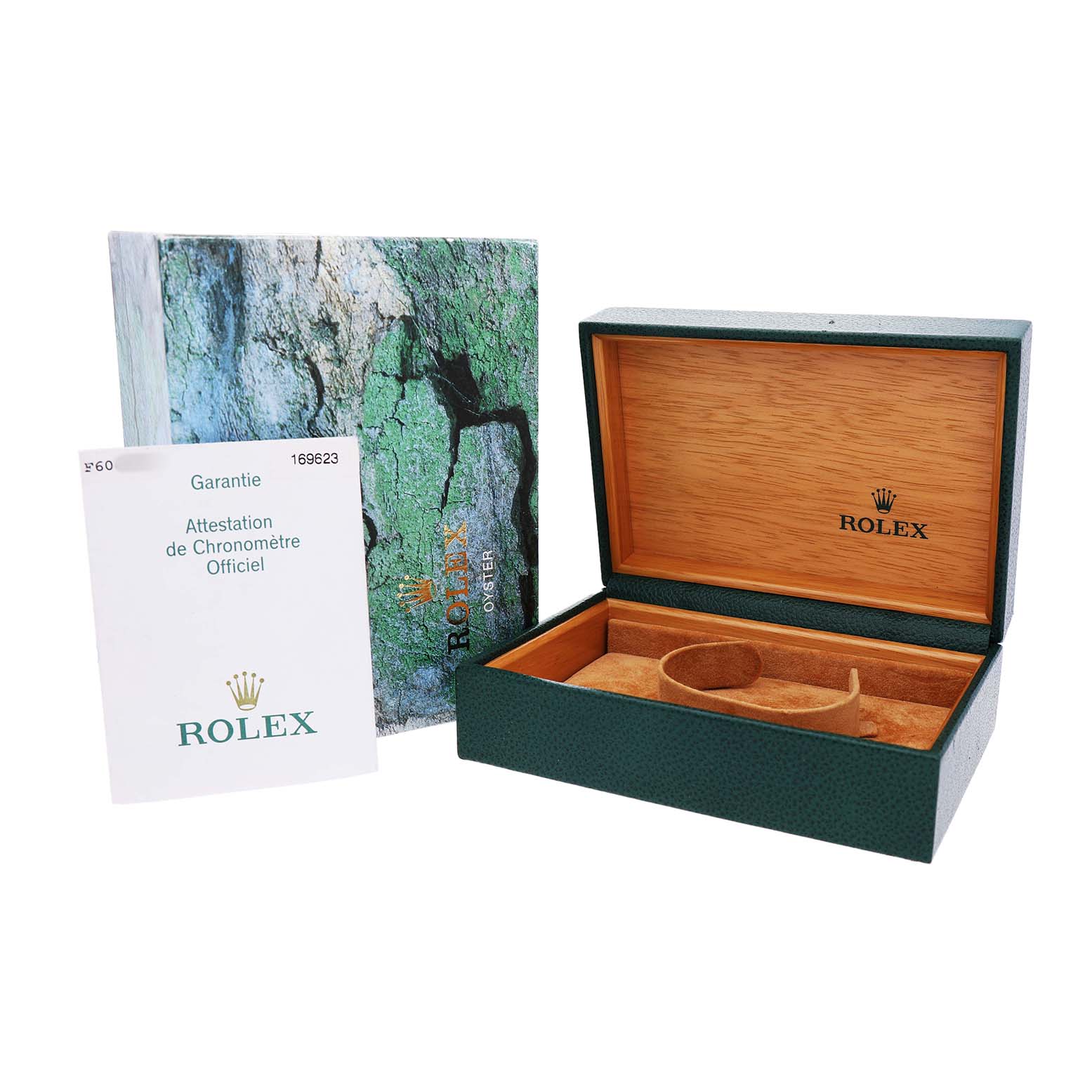 The image shows a Rolex Yacht-Master 169623 Women's Steel and Gold (two tone) Champagne Dial watch box and packaging, including a warranty card and the internal display cushion.