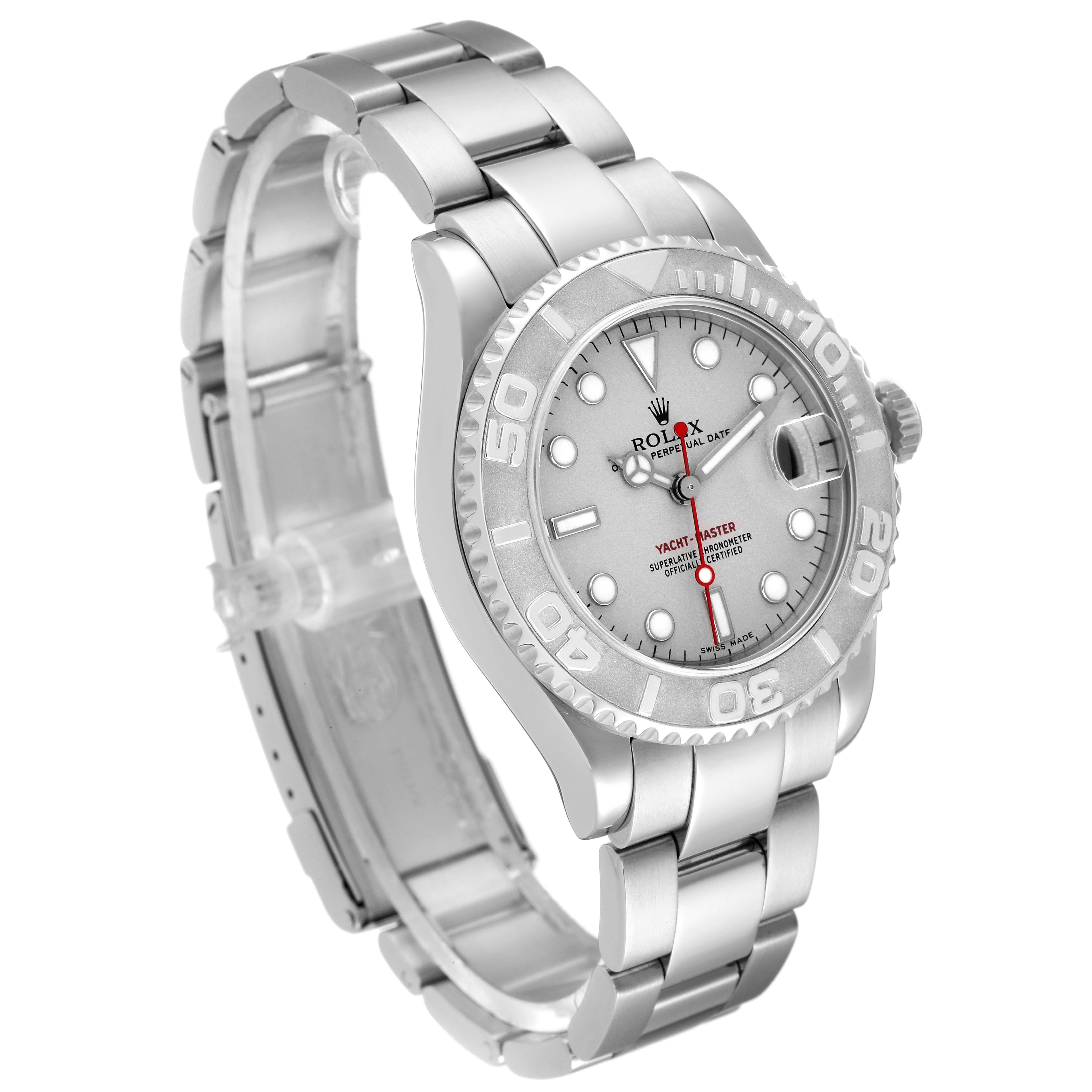The Rolex Yacht-Master 168622 Men's Stainless Steel Silver Dial 168622 Men's Stainless Steel Silver Dial watch is shown from an angled front view, displaying its face, bezel, crown, and bracelet.