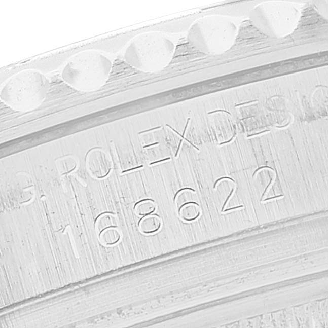 This image shows a close-up of the model number and branding on the side case of a Rolex Yacht-Master 168622 Men's Stainless Steel Silver Dial 168622 Men's Stainless Steel Silver Dial watch.