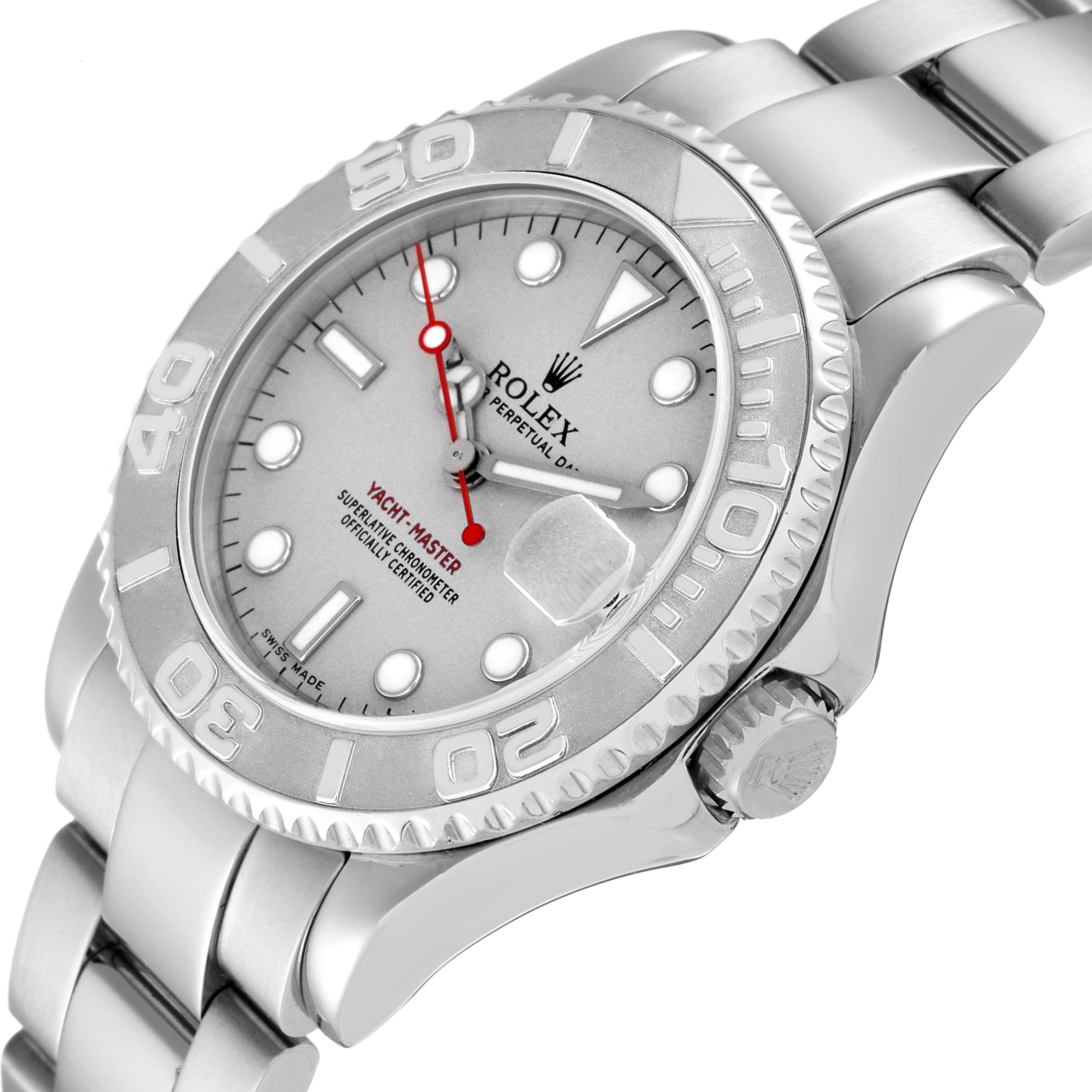 This image shows a Rolex Yacht-Master 168622 Men's Stainless Steel Silver Dial 168622 Men's Stainless Steel Silver Dial from a slightly tilted top-down angle, highlighting the face, bezel, crown, and part of the bracelet.