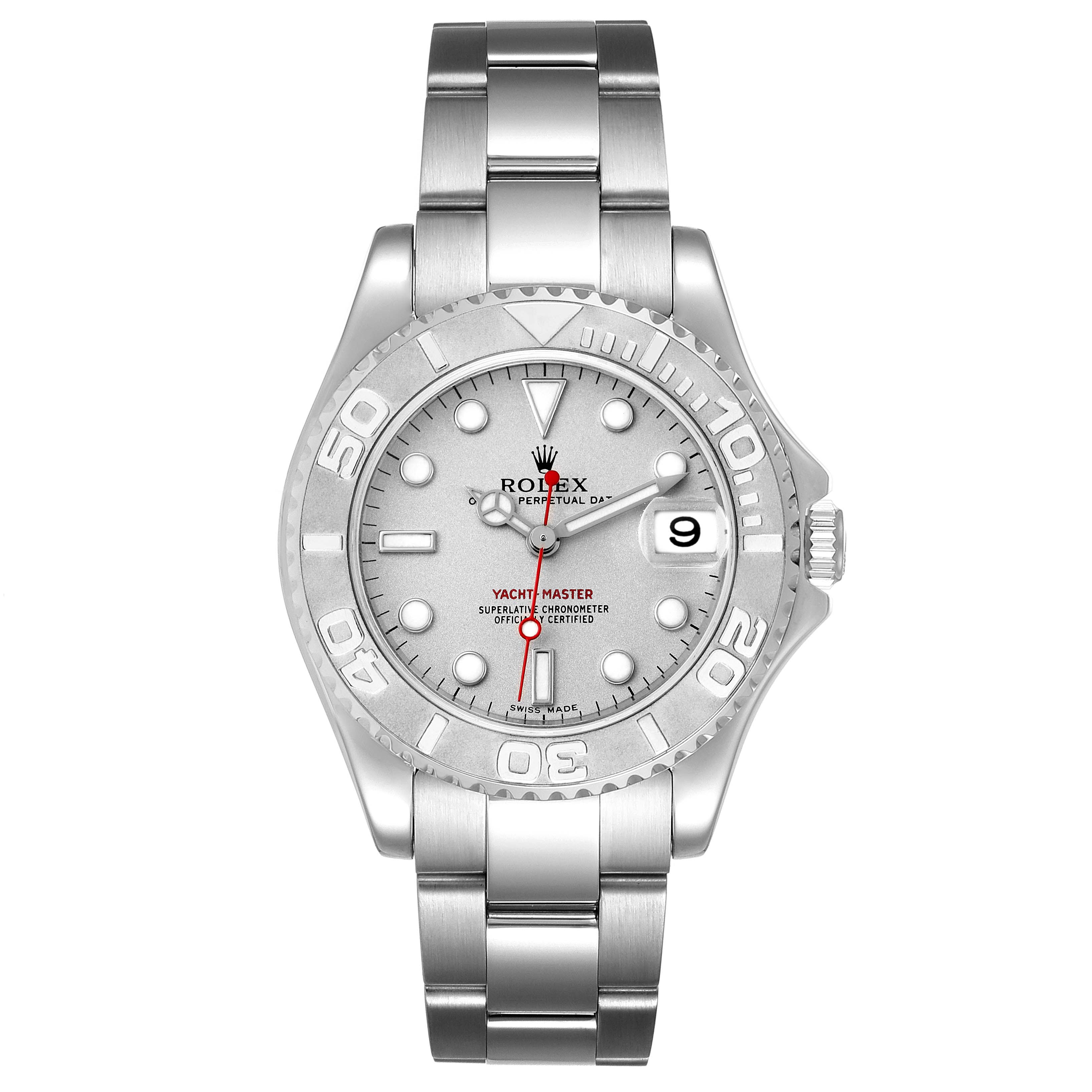 The image shows a front view of a Rolex Yacht-Master 168622 Men's Stainless Steel Silver Dial 168622 Men's Stainless Steel Silver Dial watch, showcasing its dial, bezel, bracelet, and crown.