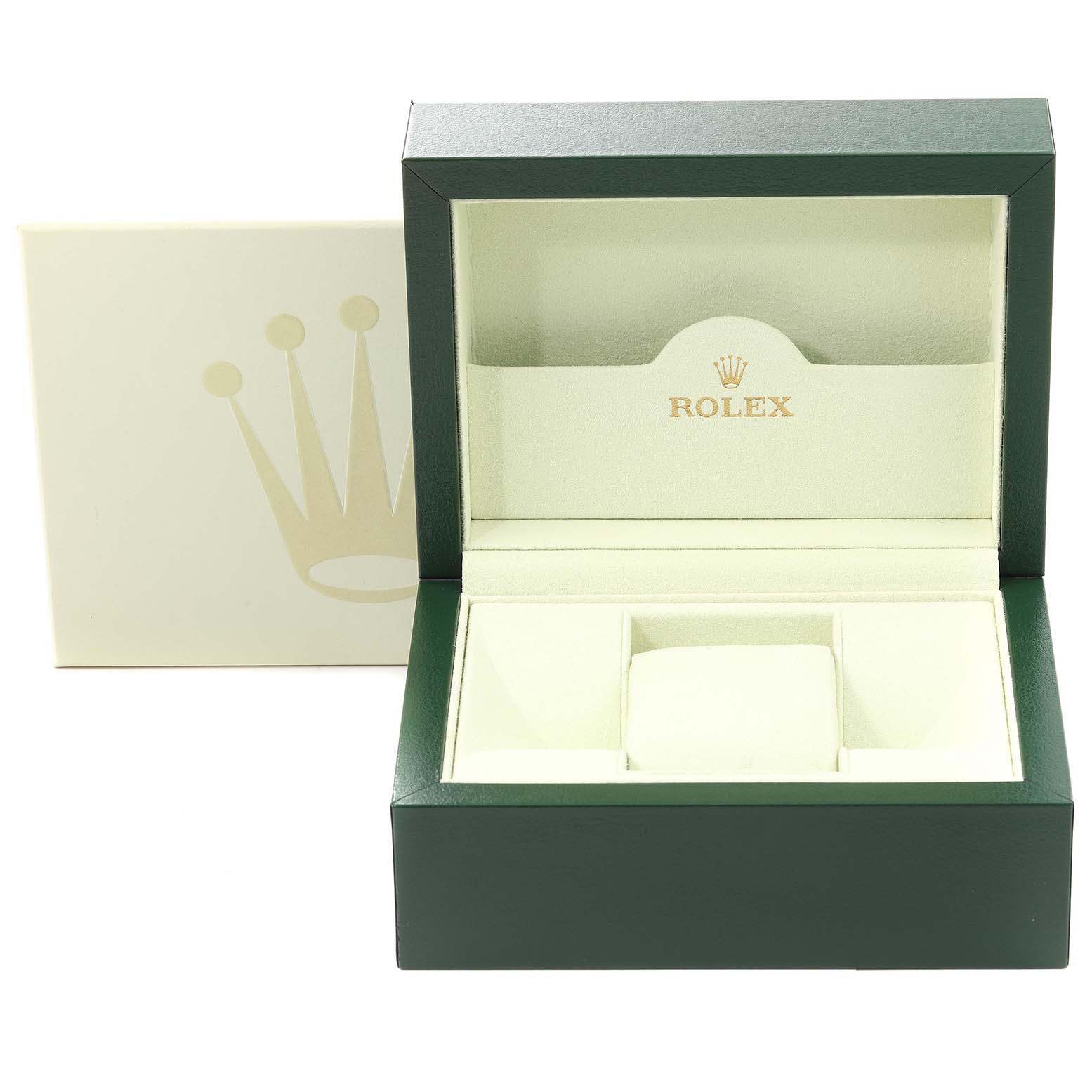 The image shows an open green Rolex Yacht-Master 168622 Men's Stainless Steel Silver Dial 168622 Men's Stainless Steel Silver Dial watch box with a cream interior and compartments for the watch and accessories.