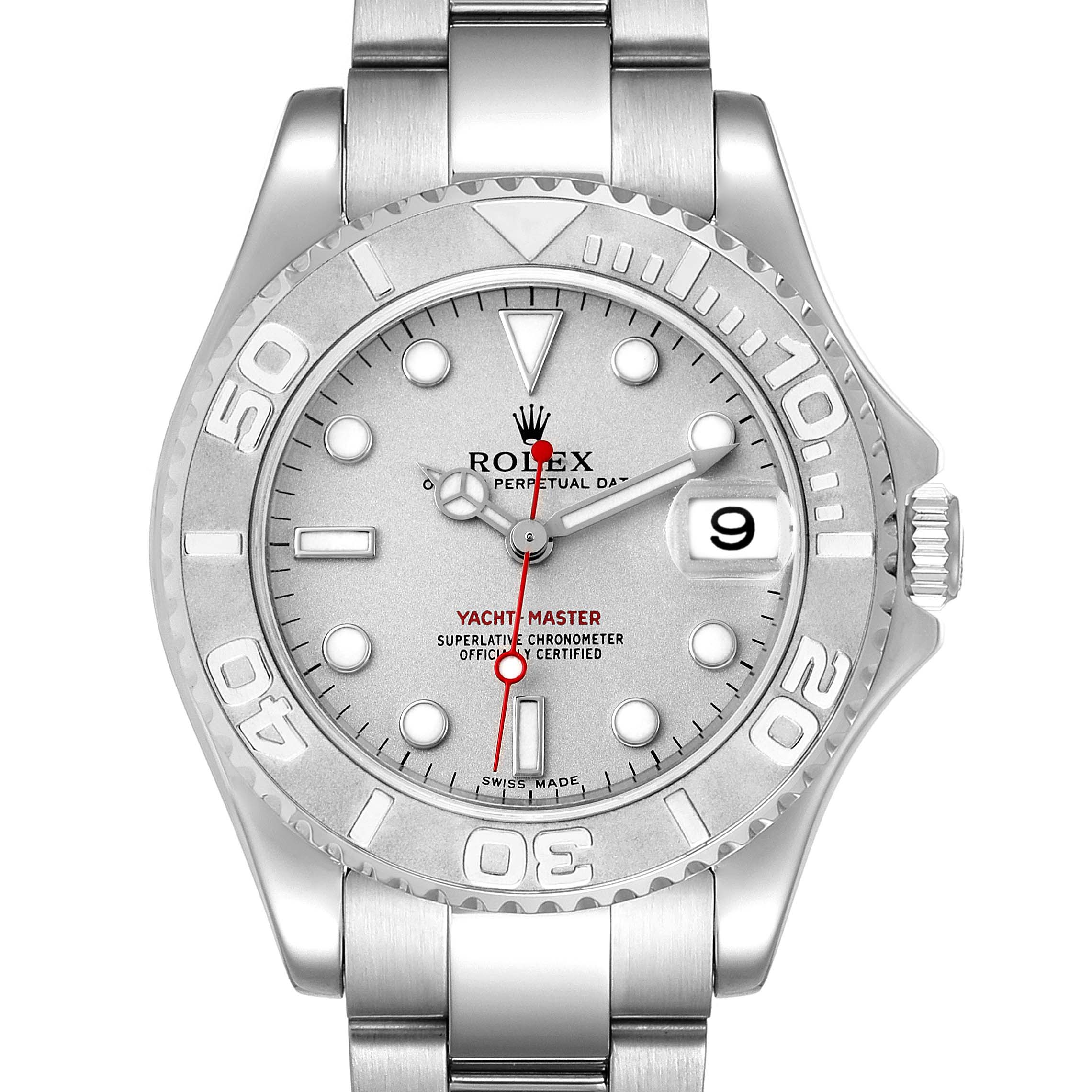 The image shows a frontal view of a Rolex Yacht-Master 168622 Men's Stainless Steel Silver Dial 168622 Men's Stainless Steel Silver Dial watch, displaying its dial, bezel, and bracelet.