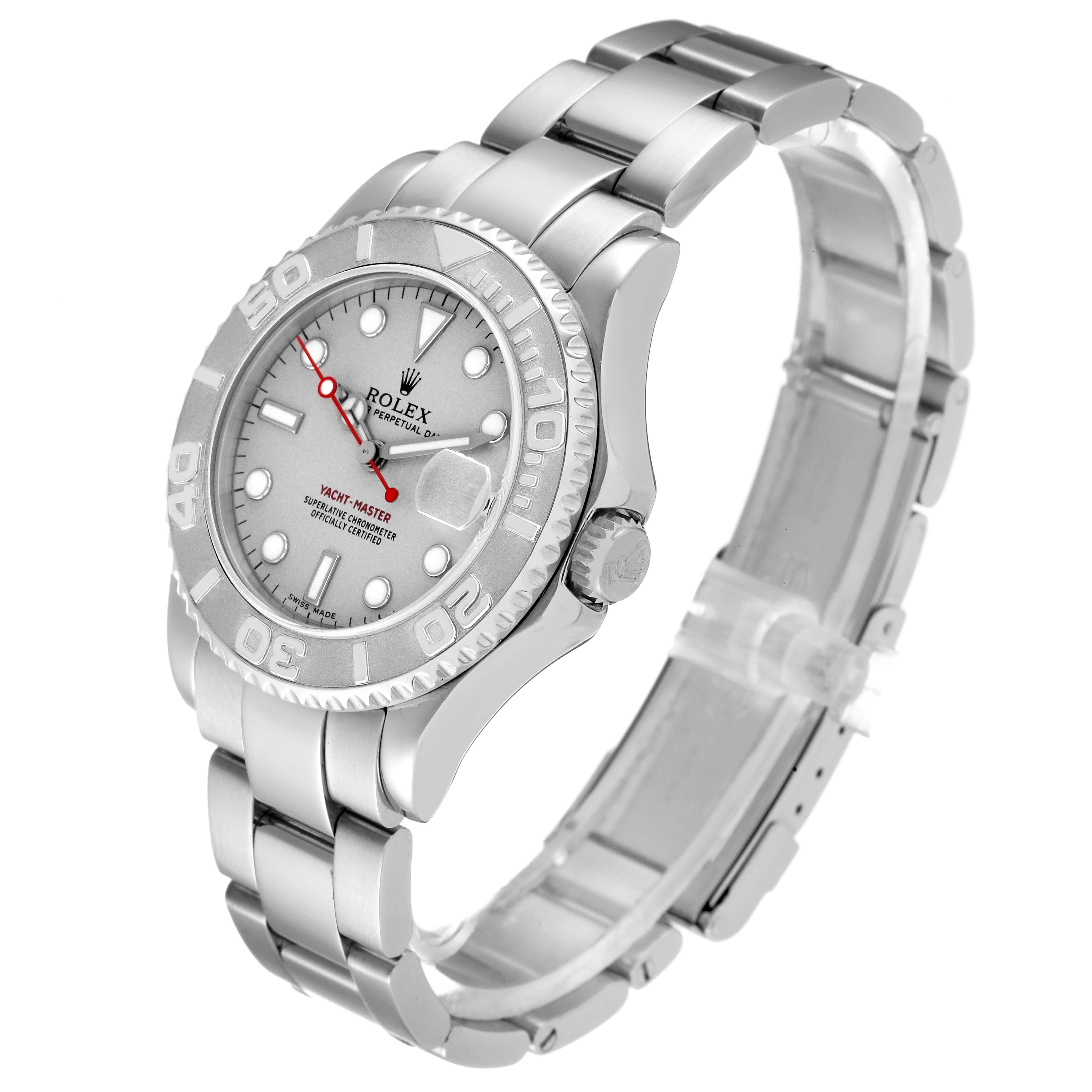 The Rolex Yacht-Master 168622 Men's Stainless Steel Silver Dial 168622 Men's Stainless Steel Silver Dial watch is angled to show the face, bezel, crown, and full bracelet.