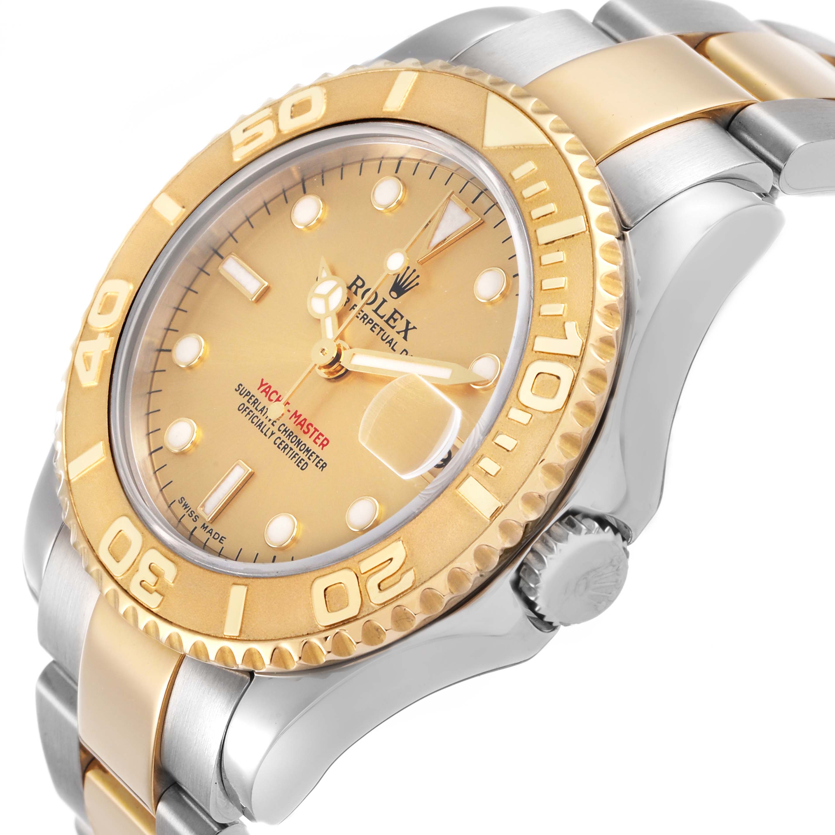 The Rolex Yacht-Master 168623 Men's Steel and Gold (two tone) Champagne Dial watch is viewed from an angled side, showing the bezel, dial, crown, and part of the bracelet.