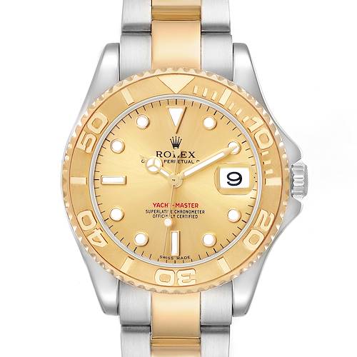 The Rolex Yacht-Master 168623 Men's Steel and Gold (two tone) Champagne Dial watch is shown from a front angle, displaying the face, bezel, crown, and a portion of the bracelet.