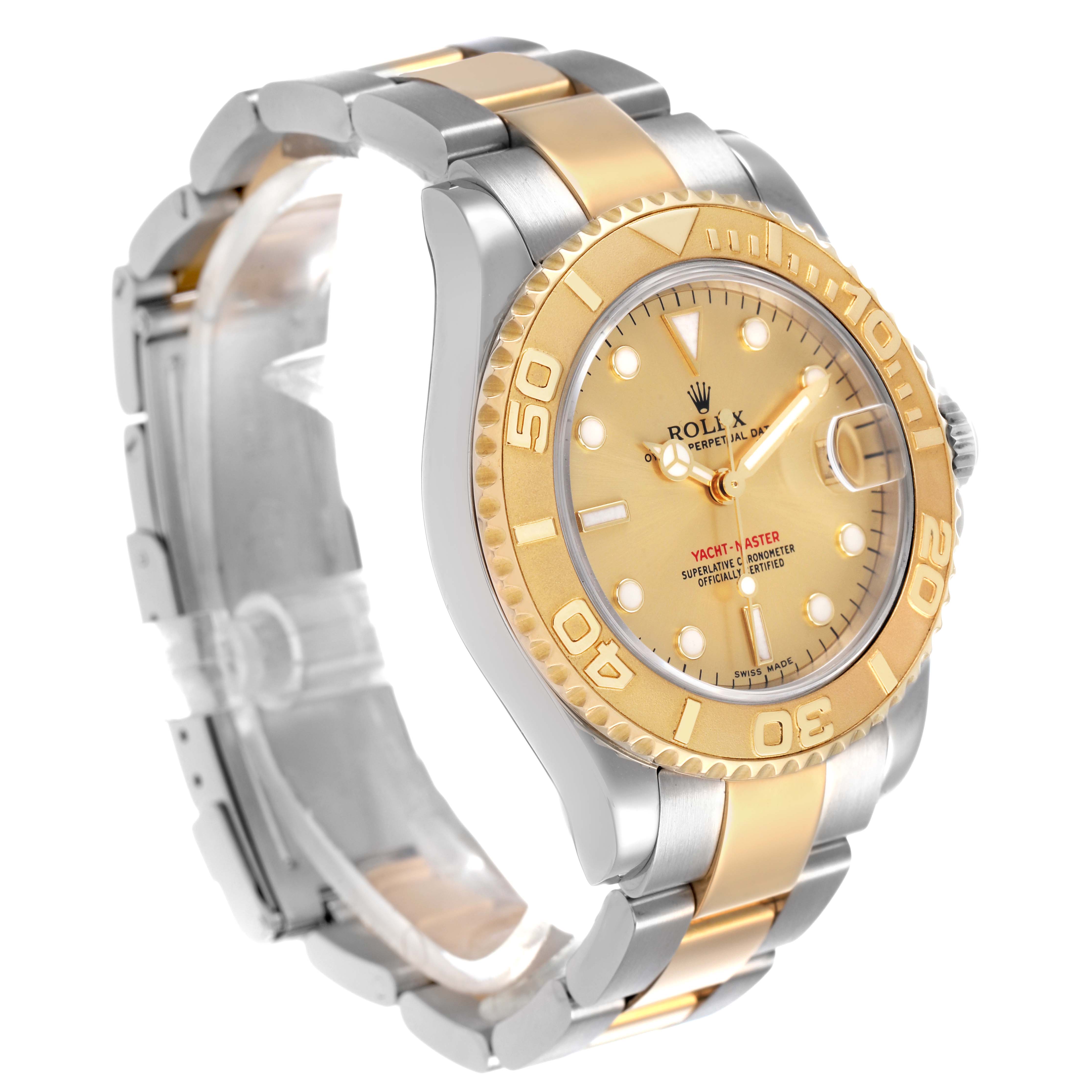 The Rolex Yacht-Master 168623 Men's Steel and Gold (two tone) Champagne Dial watch is shown at a front-side angle, highlighting its bezel, dial, hands, and bracelet.