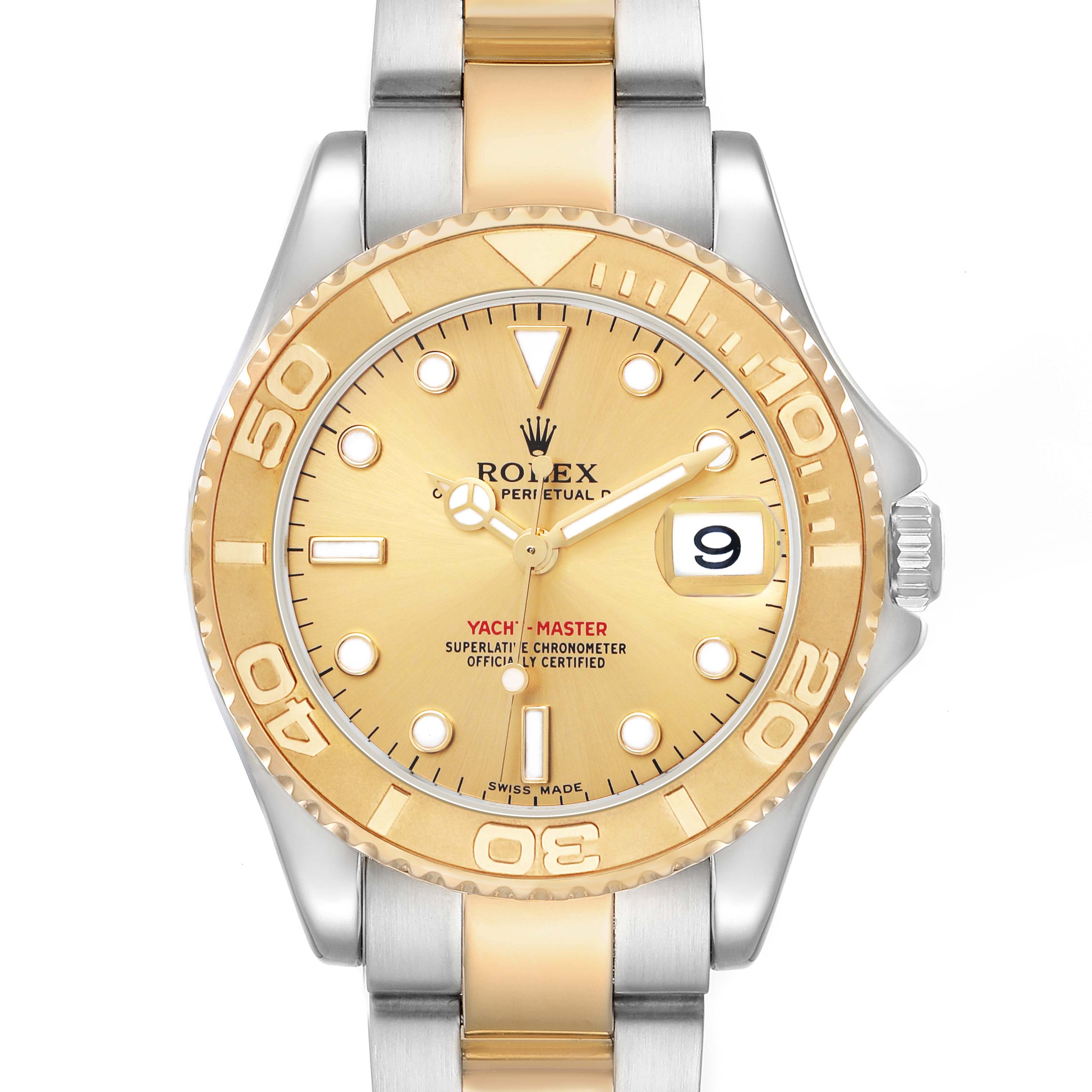 The Rolex Yacht-Master 168623 Men's Steel and Gold (two tone) Champagne Dial watch is shown from the front, highlighting its gold bezel, dial, and bracelet.