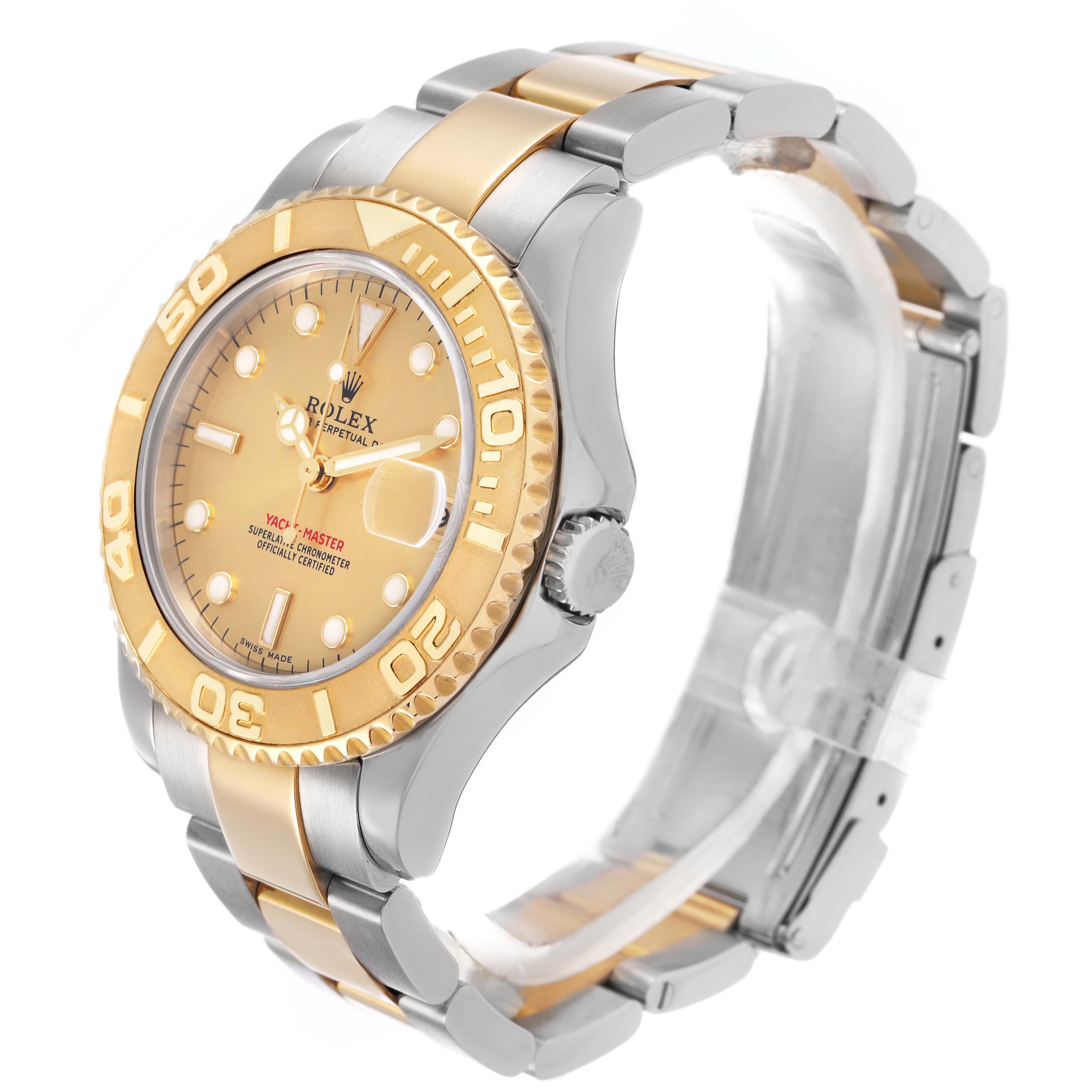 The Rolex Yacht-Master 168623 Men's Steel and Gold (two tone) Champagne Dial watch is shown at an angle highlighting the gold bezel, dial, and two-tone bracelet.