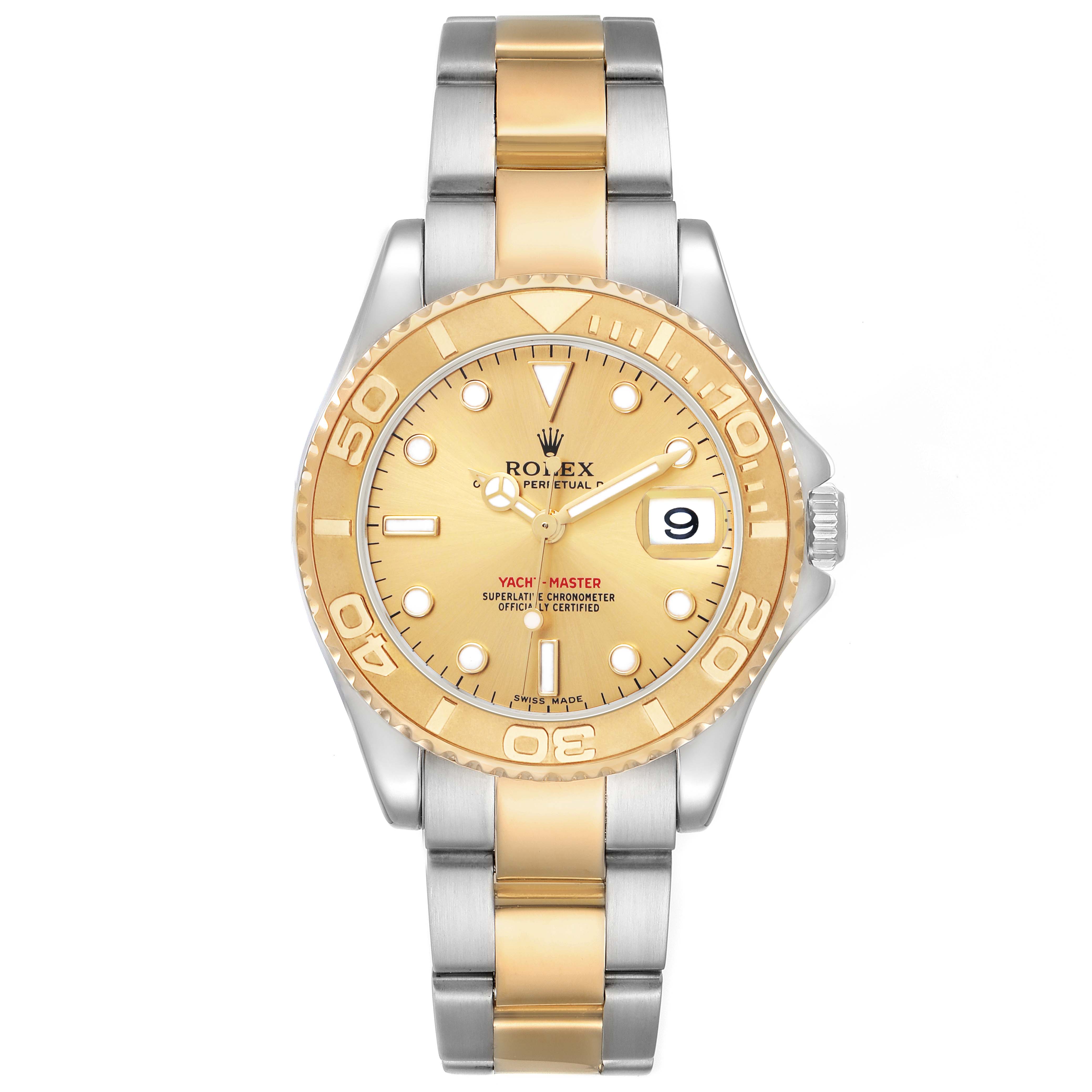 The Rolex Yacht-Master 168623 Men's Steel and Gold (two tone) Champagne Dial is shown from a front angle, displaying the dial, bezel, and bracelet.