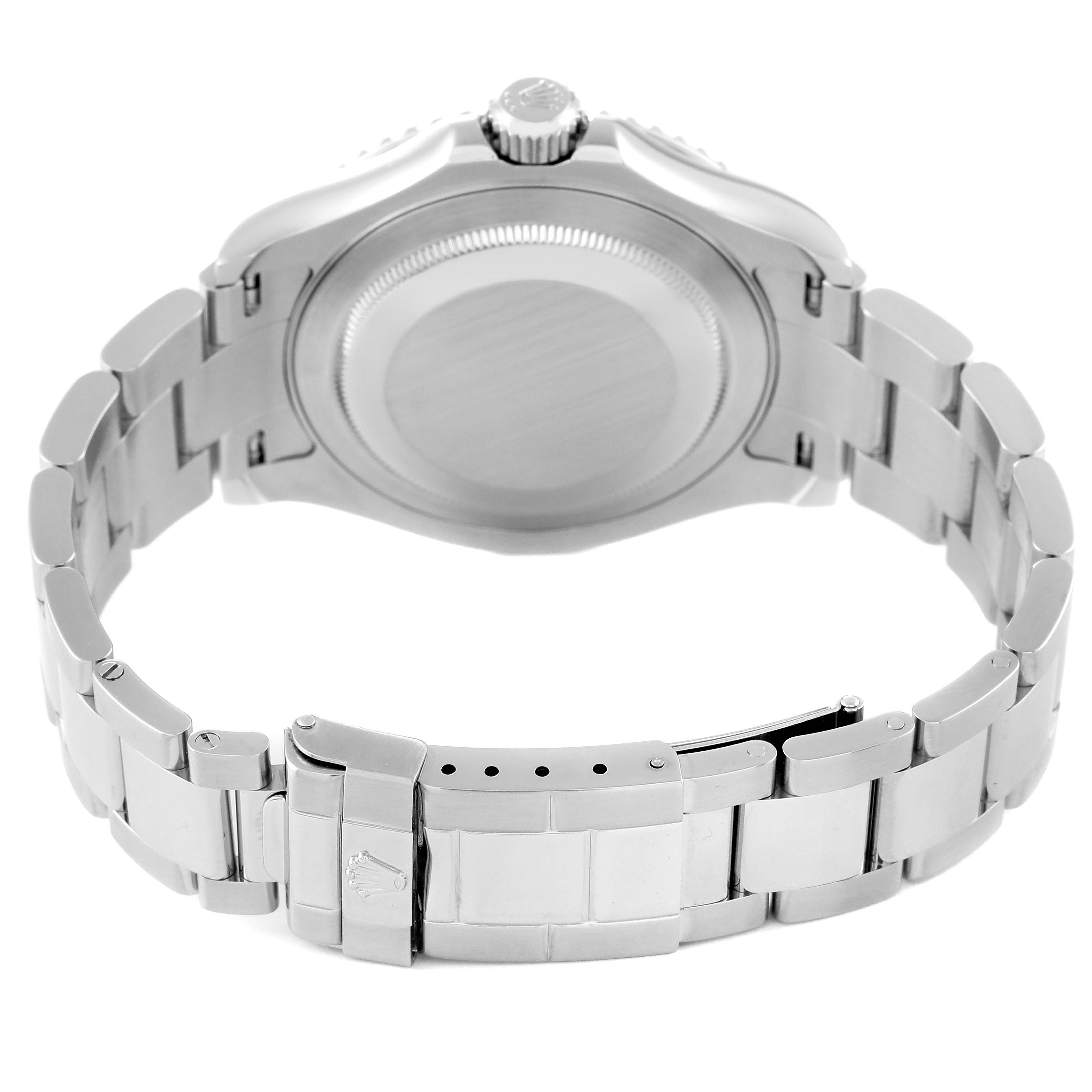This image shows the back view of the Rolex Yacht-Master 16622 Men's Stainless Steel Silver Dial 16622 Men's Stainless Steel Silver Dial watch, focusing on the case back and metal bracelet clasp.