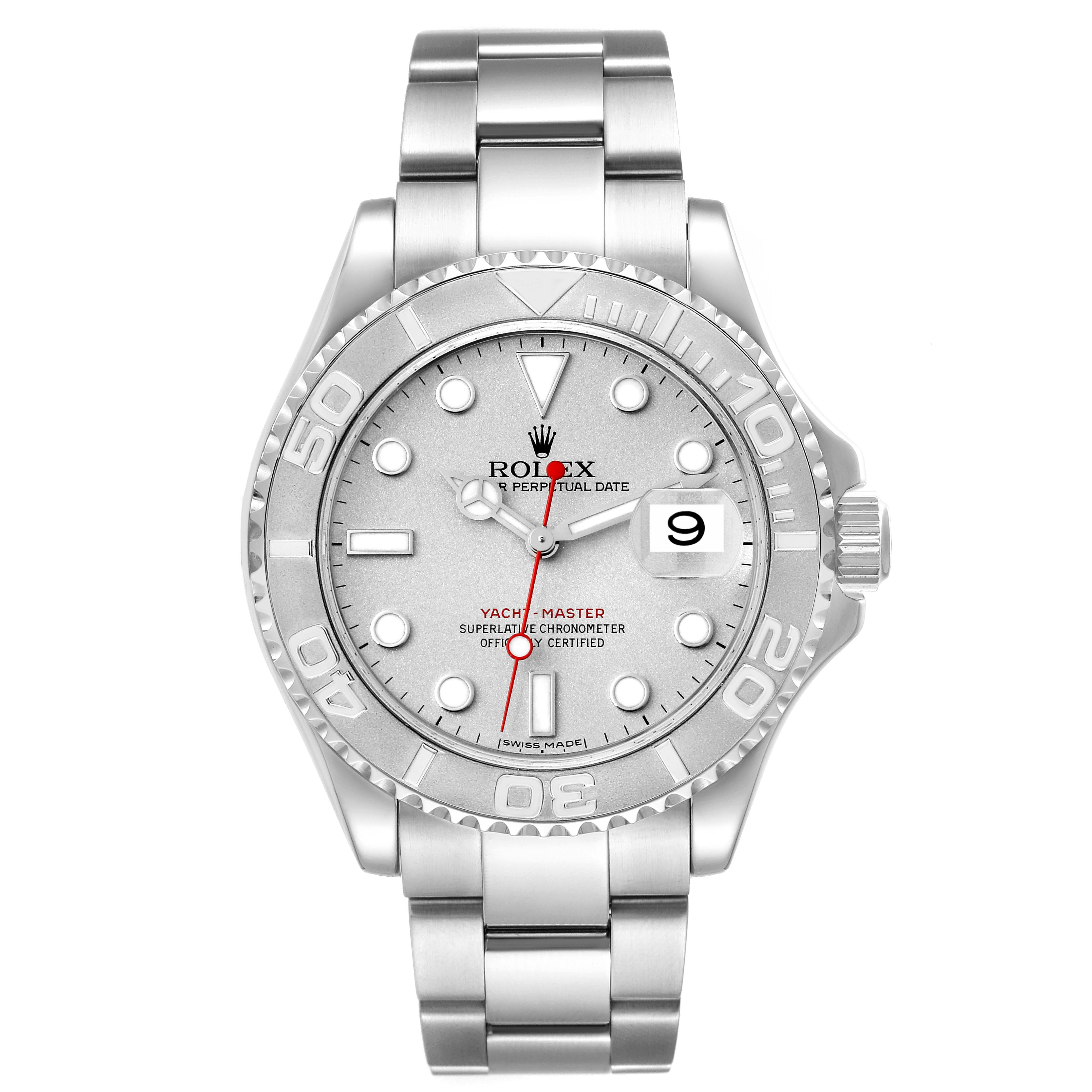 This image shows a front view of a Rolex Yacht-Master 16622 Men's Stainless Steel Silver Dial 16622 Men's Stainless Steel Silver Dial watch, displaying its face, bezel, and bracelet.