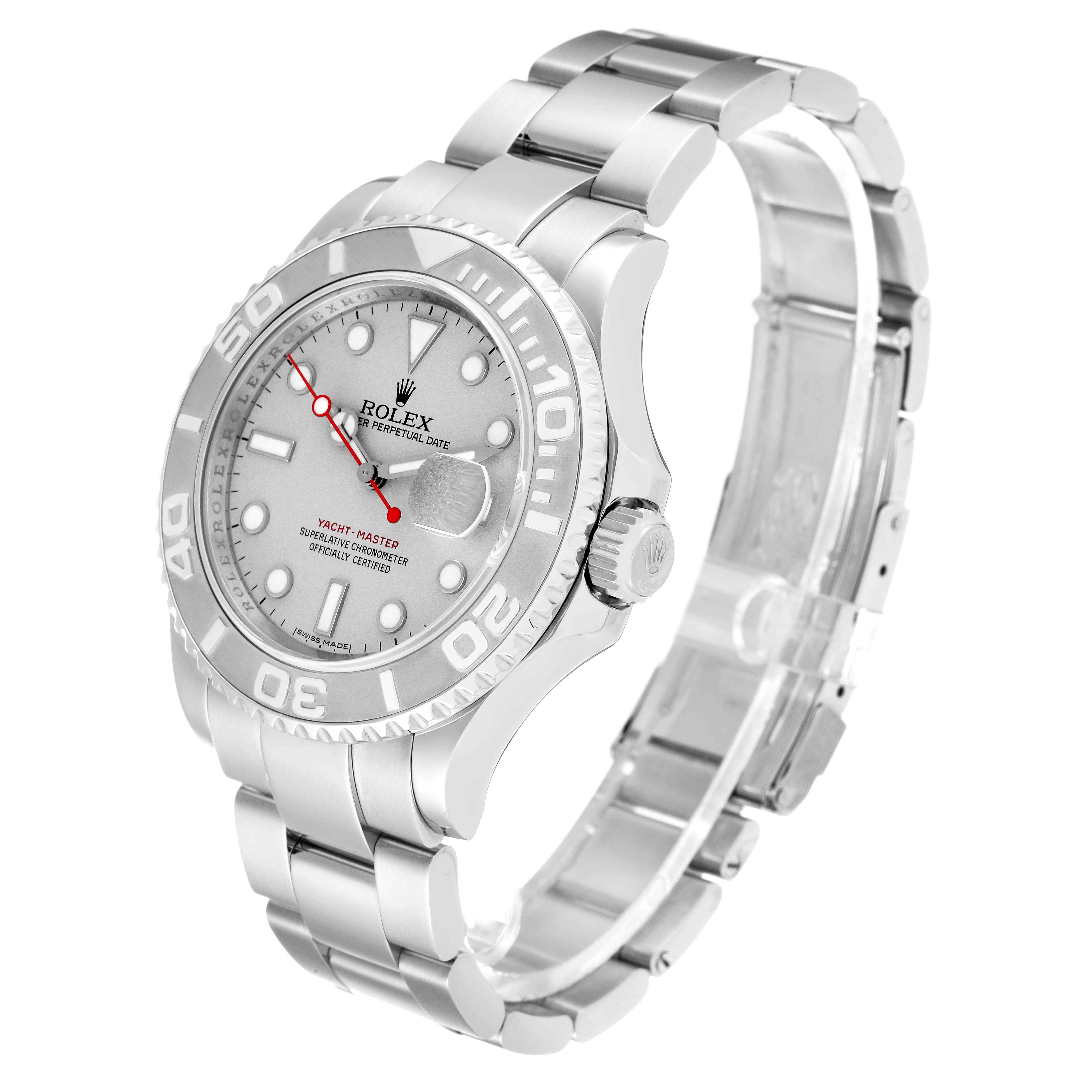 The image shows a side angle of the Rolex Yacht-Master 16622 Men's Stainless Steel Silver Dial 16622 Men's Stainless Steel Silver Dial watch, highlighting its bezel, dial, and bracelet.