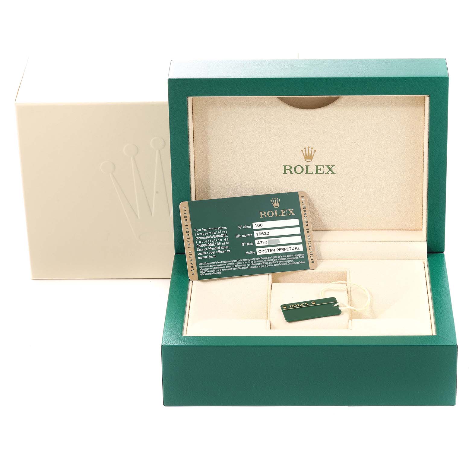 The image shows an open Rolex Yacht-Master 16622 Men's Stainless Steel Silver Dial 16622 Men's Stainless Steel Silver Dial watch box, including the warranty card and accessories, viewed from the front.