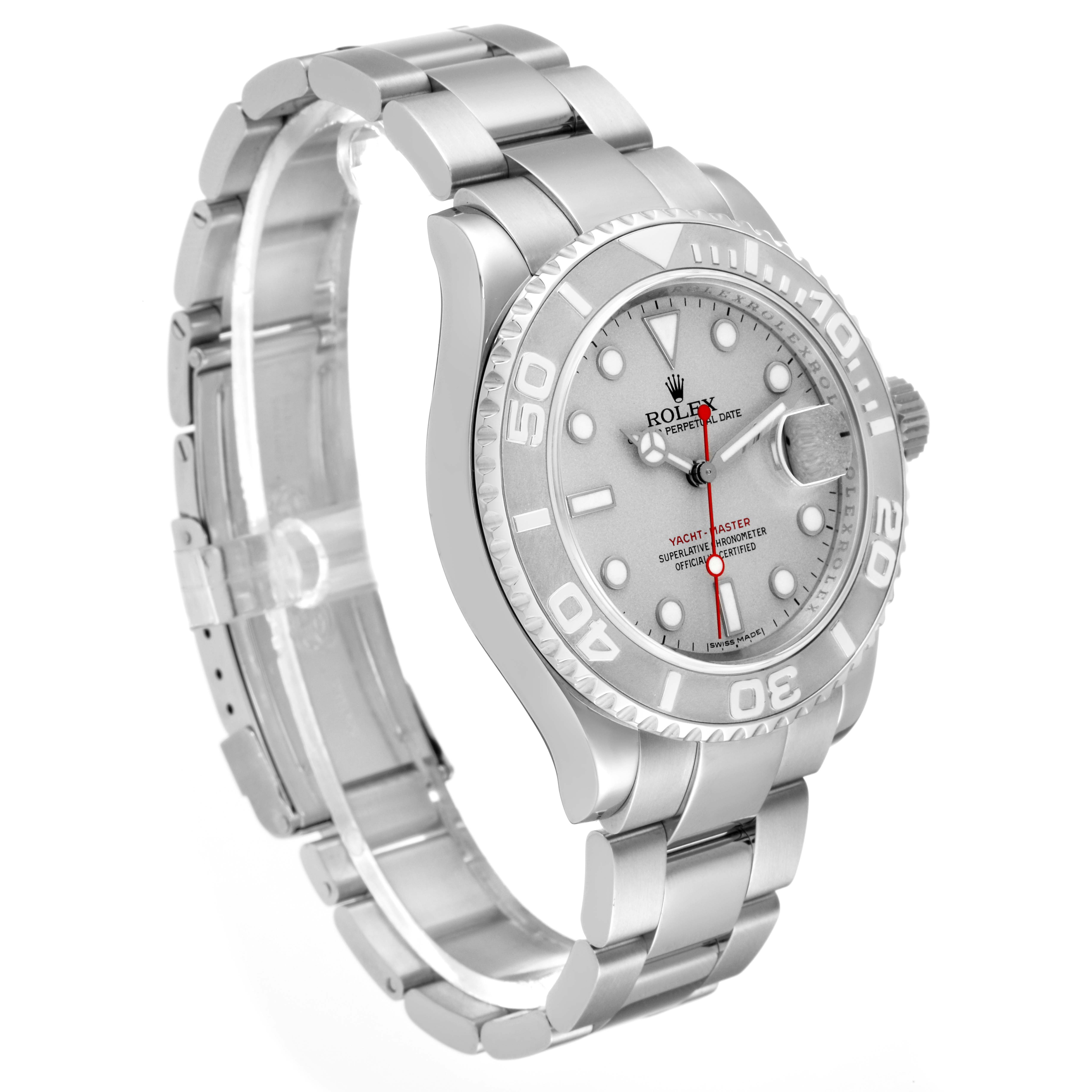 The image shows a side angle of the Rolex Yacht-Master 16622 Men's Stainless Steel Silver Dial 16622 Men's Stainless Steel Silver Dial watch, highlighting its bracelet, bezel, and dial.