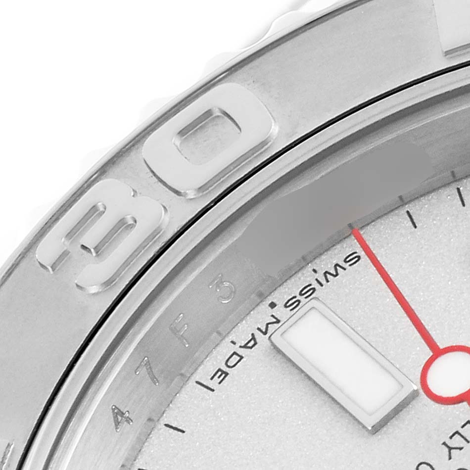This close-up image shows the bezel and part of the dial of a Rolex Yacht-Master 16622 Men's Stainless Steel Silver Dial 16622 Men's Stainless Steel Silver Dial watch.