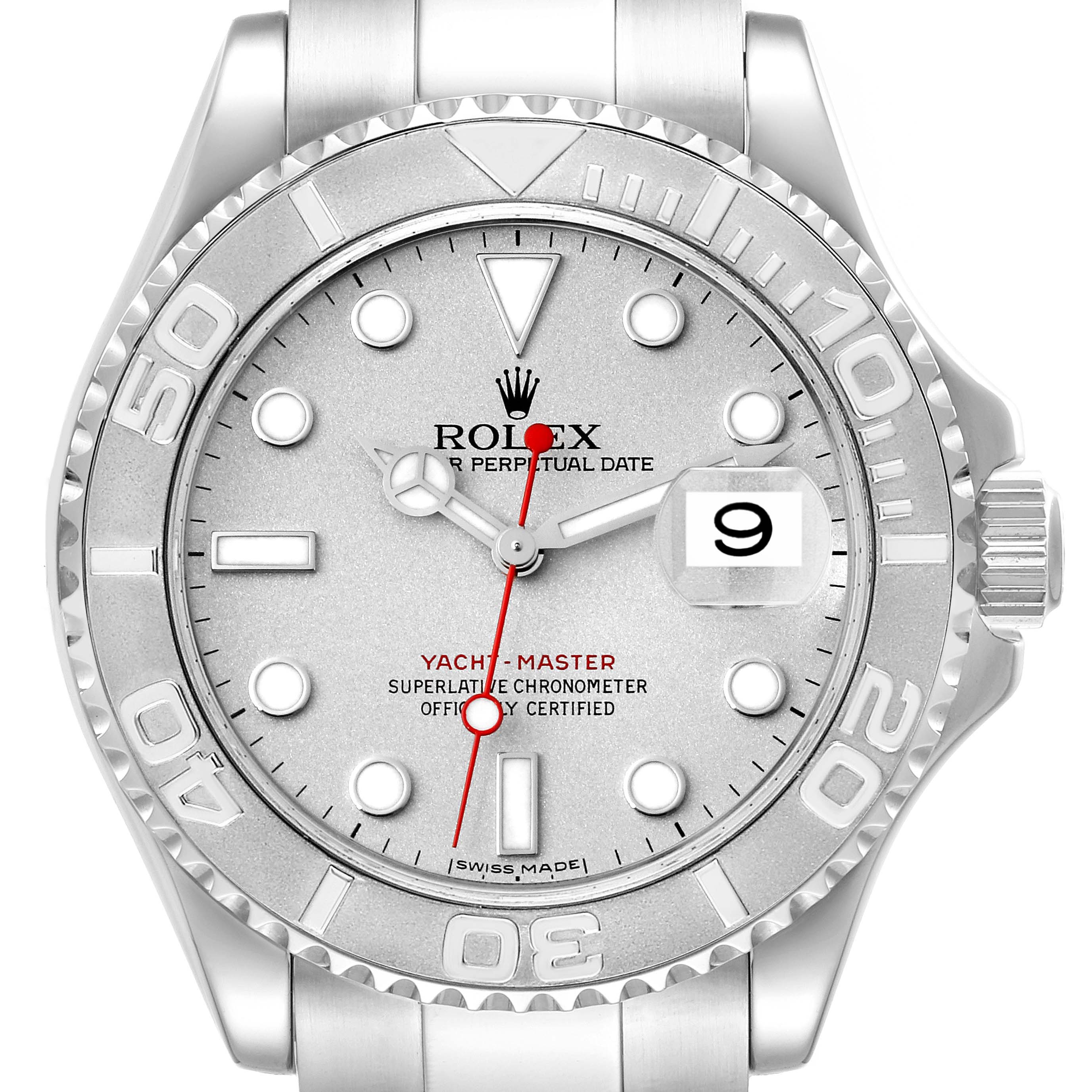 This is a close-up of the Rolex Yacht-Master 16622 Men's Stainless Steel Silver Dial 16622 Men's Stainless Steel Silver Dial watch showing the dial, bezel, and part of the bracelet.