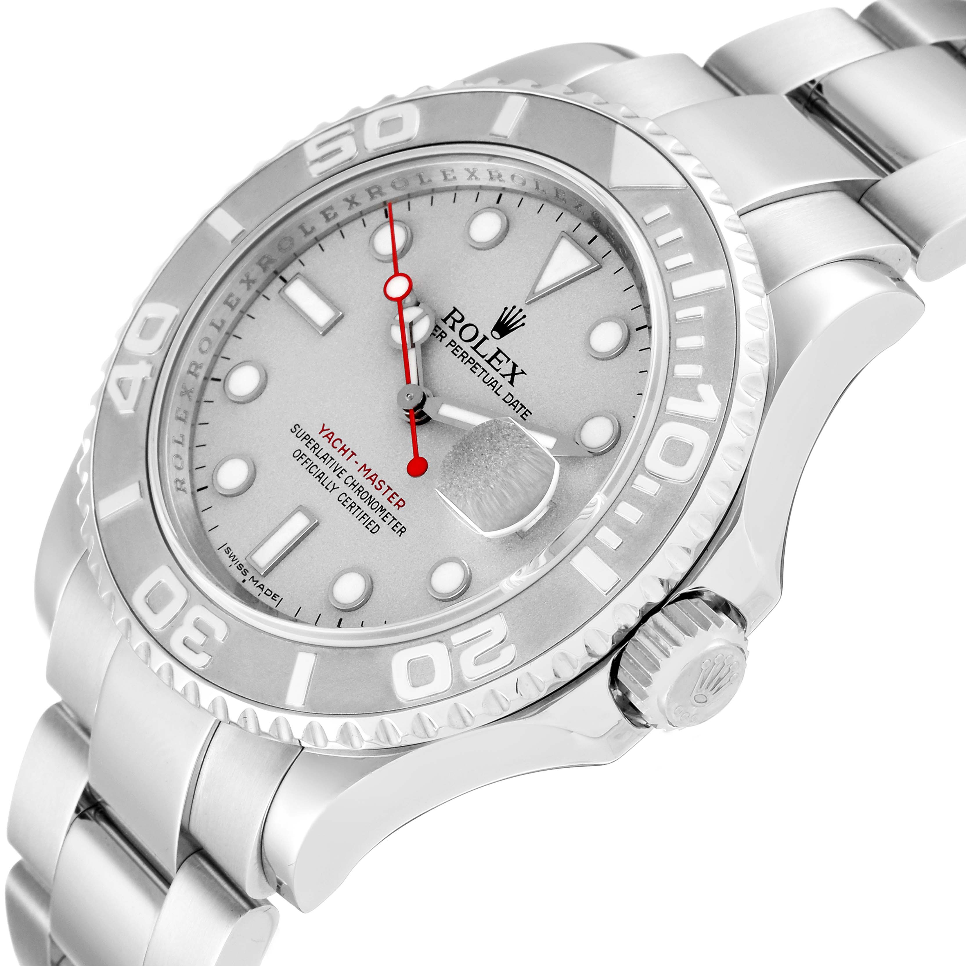 The image shows a close-up of the Rolex Yacht-Master 16622 Men's Stainless Steel Silver Dial 16622 Men's Stainless Steel Silver Dial watch face and part of its bracelet at a slight angle.