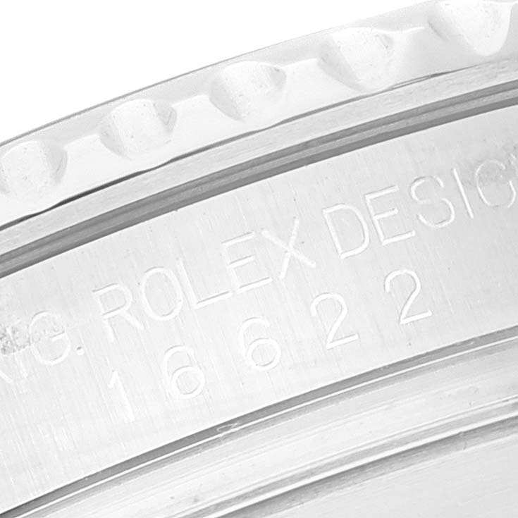 The image shows a close-up of the engraved model number "16622" and "ROLEX DESIGN" on the case rim of a Rolex Yacht-Master 16622 Men's Stainless Steel Silver Dial 16622 Men's Stainless Steel Silver Dial watch.