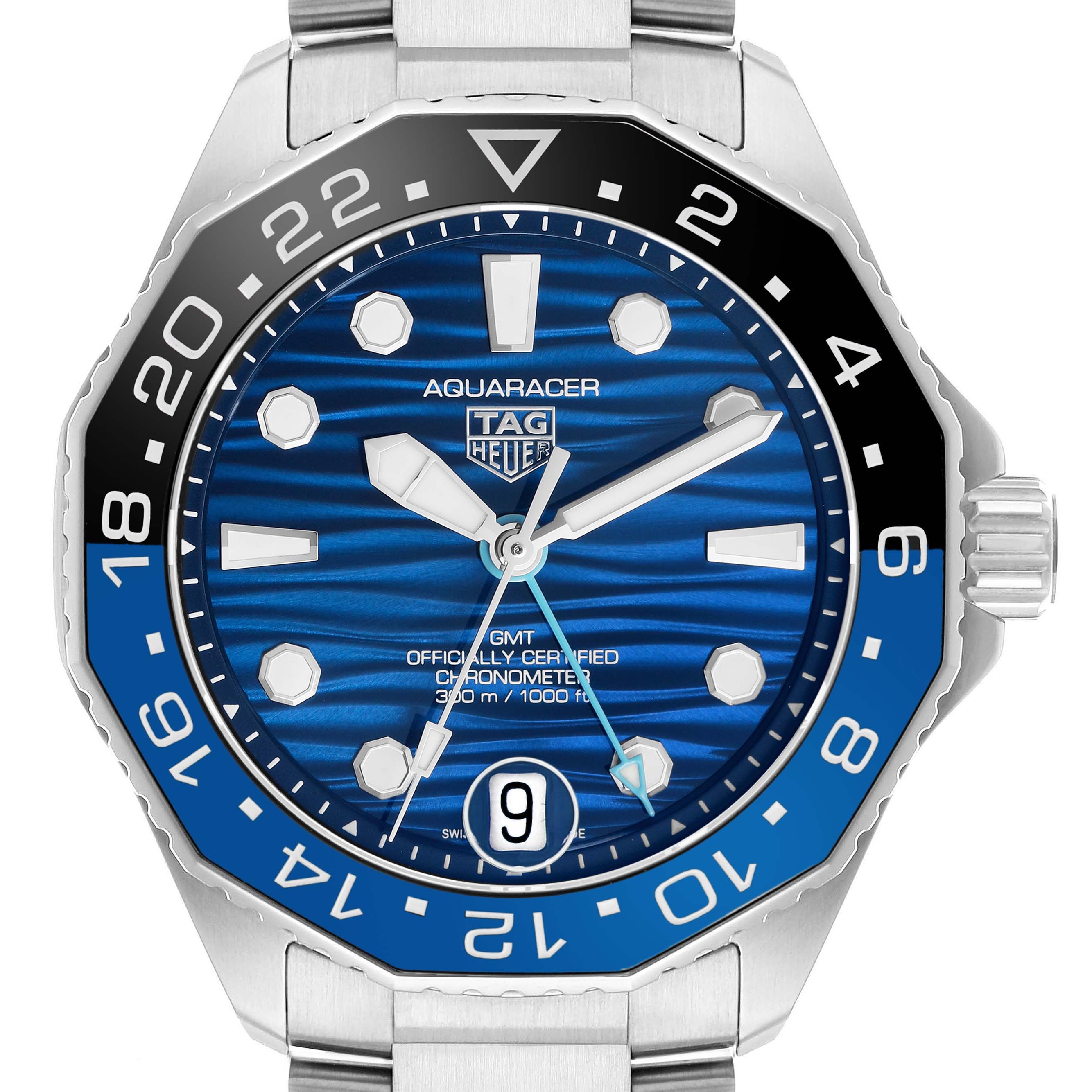 The image shows a front view of a Tag Heuer Aquaracer WBP5114 Men's Stainless Steel Blue Dial watch with its blue and black bezel and blue dial.