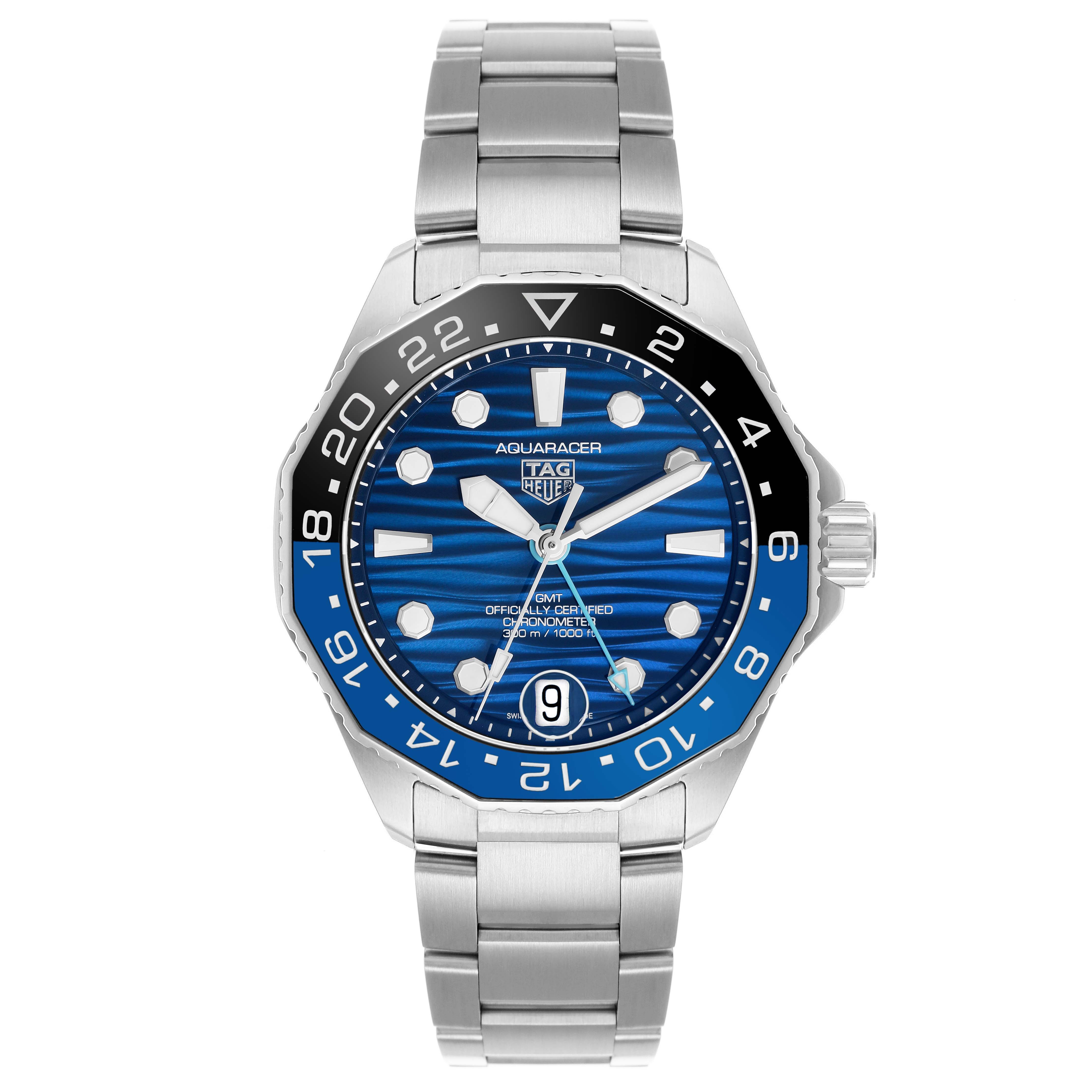 The Tag Heuer Aquaracer WBP5114 Men's Stainless Steel Blue Dial watch is shown from the front, highlighting the dial, bezel, crown, and metal bracelet.