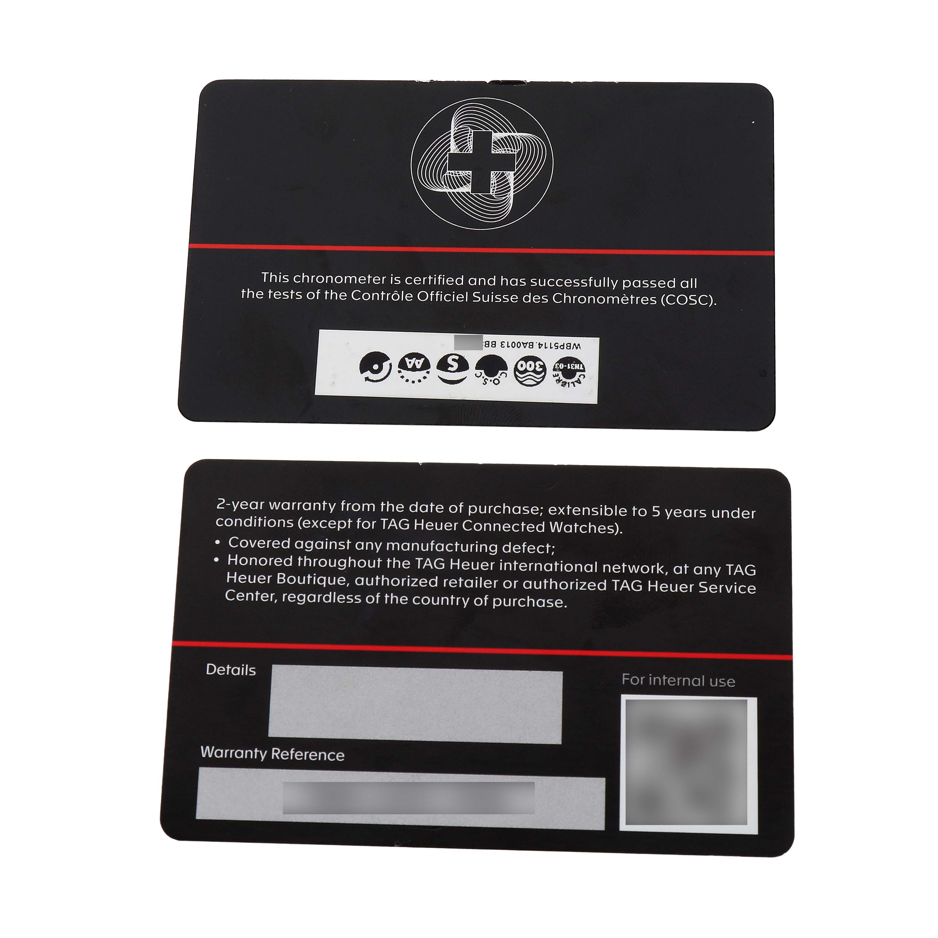 The image shows the warranty and certification cards for the Tag Heuer Aquaracer WBP5114 Men's Stainless Steel Blue Dial watch.