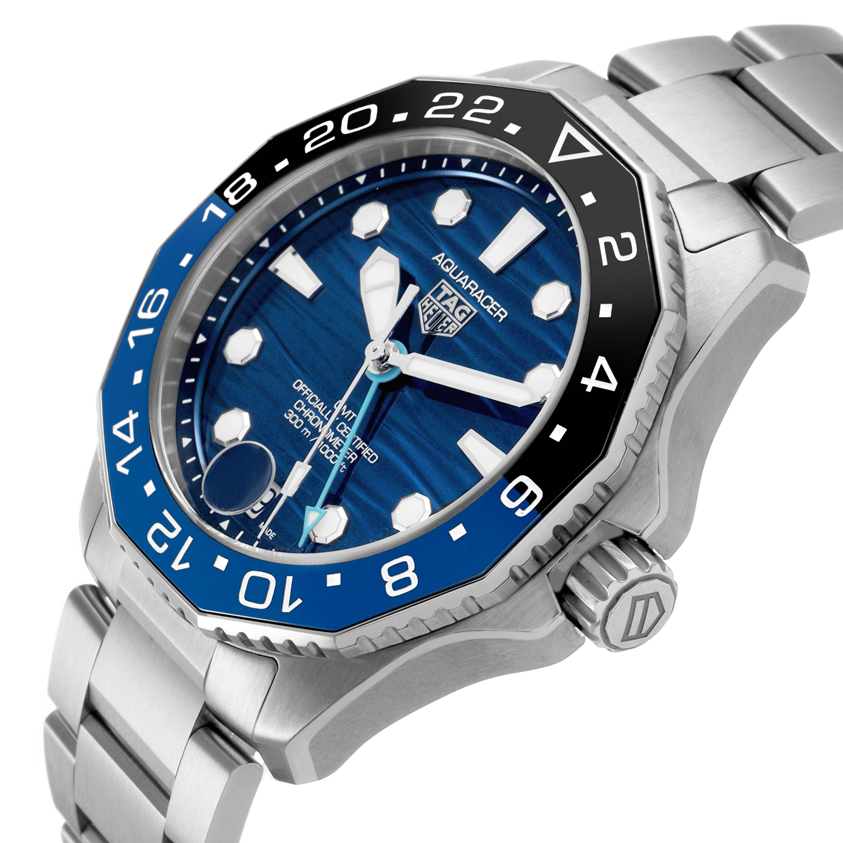 The image shows a side angle of the Tag Heuer Aquaracer WBP5114 Men's Stainless Steel Blue Dial, highlighting the bezel, dial, crown, and part of the bracelet.