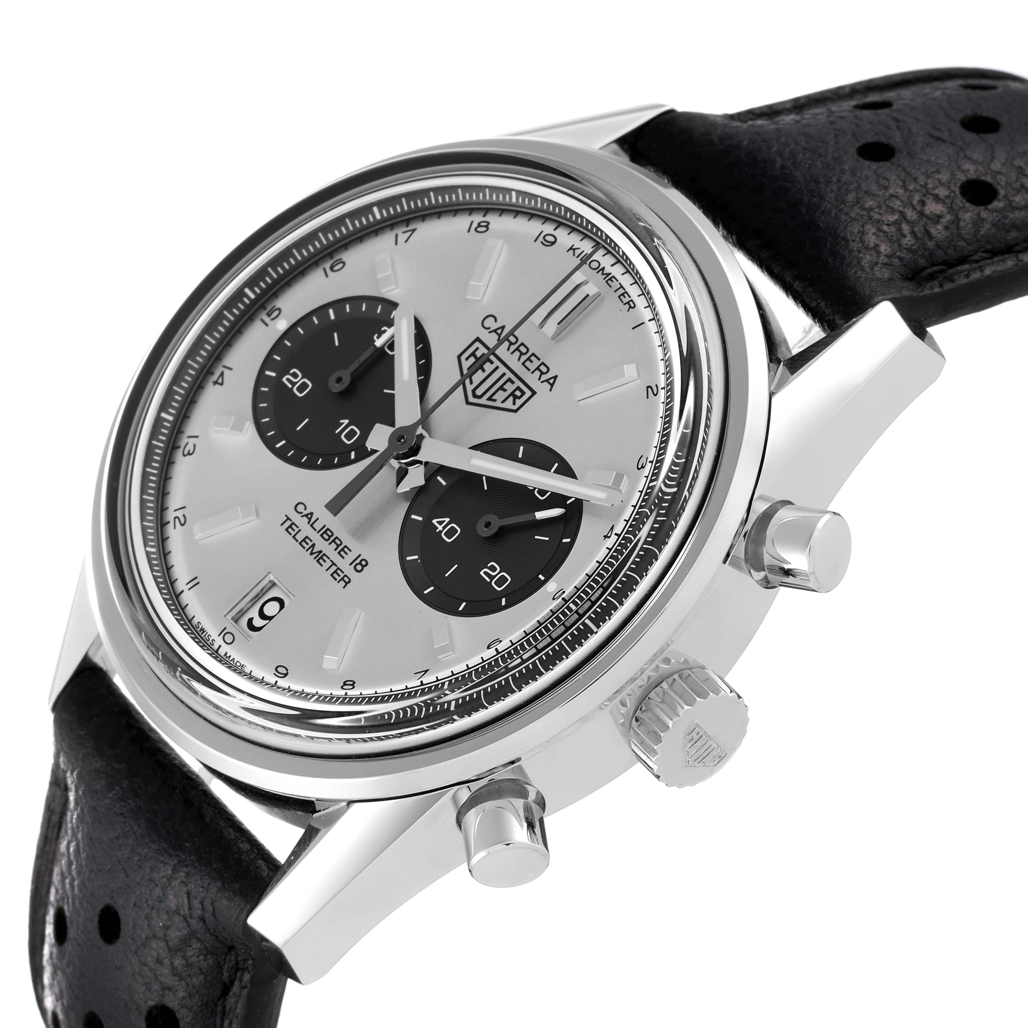 The Tag Heuer Carrera CAR221A Men's Stainless Steel Silver Dial CAR221A Men's Stainless Steel Silver Dial watch is shown at an angle, highlighting the dial, case, crown, and part of the strap.