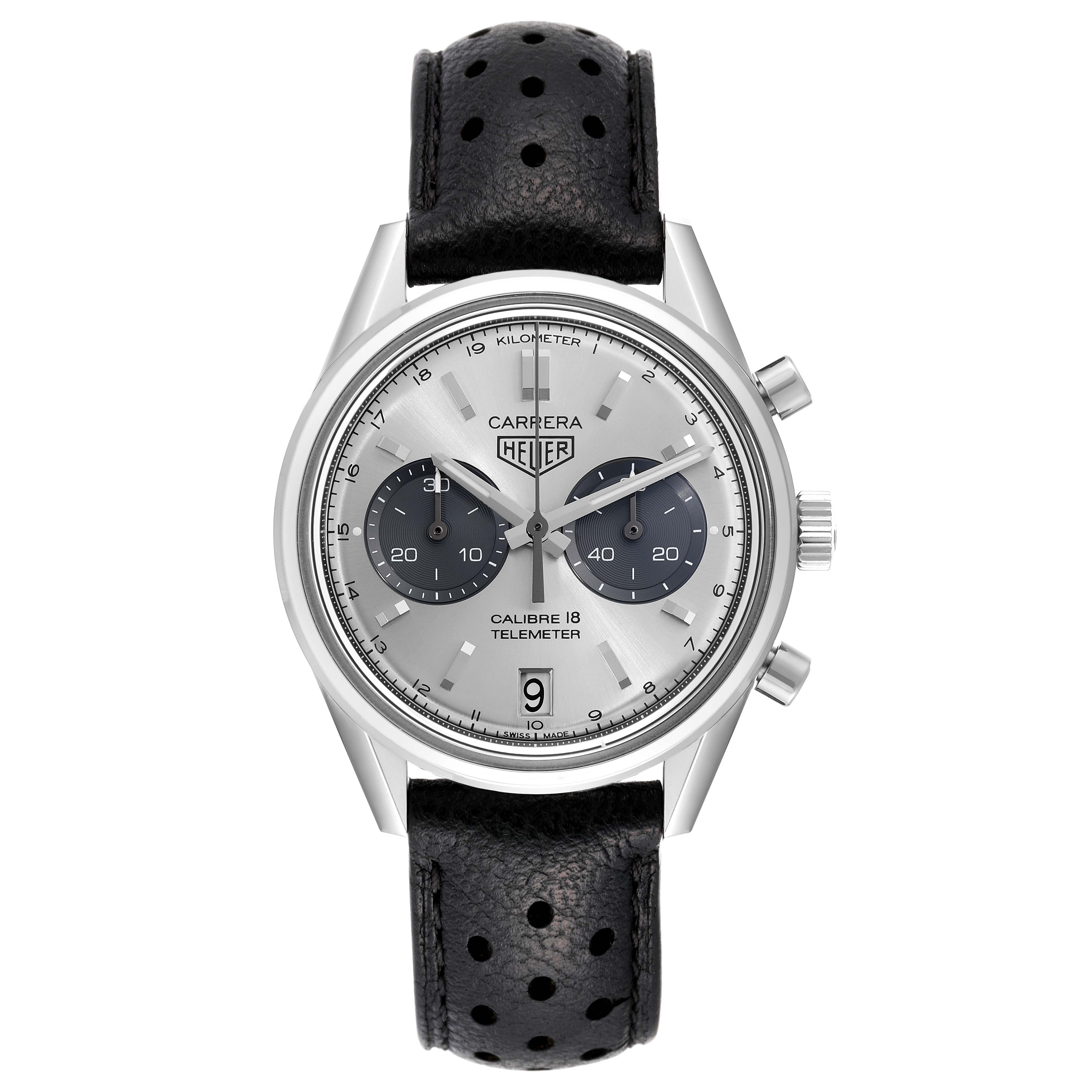 This image shows a Tag Heuer Carrera CAR221A Men's Stainless Steel Silver Dial CAR221A Men's Stainless Steel Silver Dial watch from a front angle, displaying the dial, chronograph subdials, and leather strap.