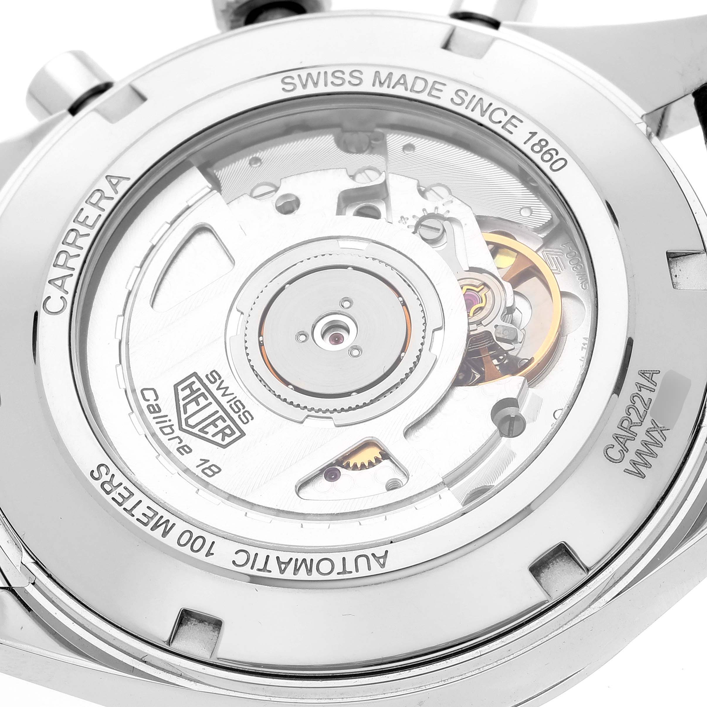 This image shows the back of a Tag Heuer Carrera CAR221A Men's Stainless Steel Silver Dial CAR221A Men's Stainless Steel Silver Dial watch, displaying the internal mechanism and engraved details.