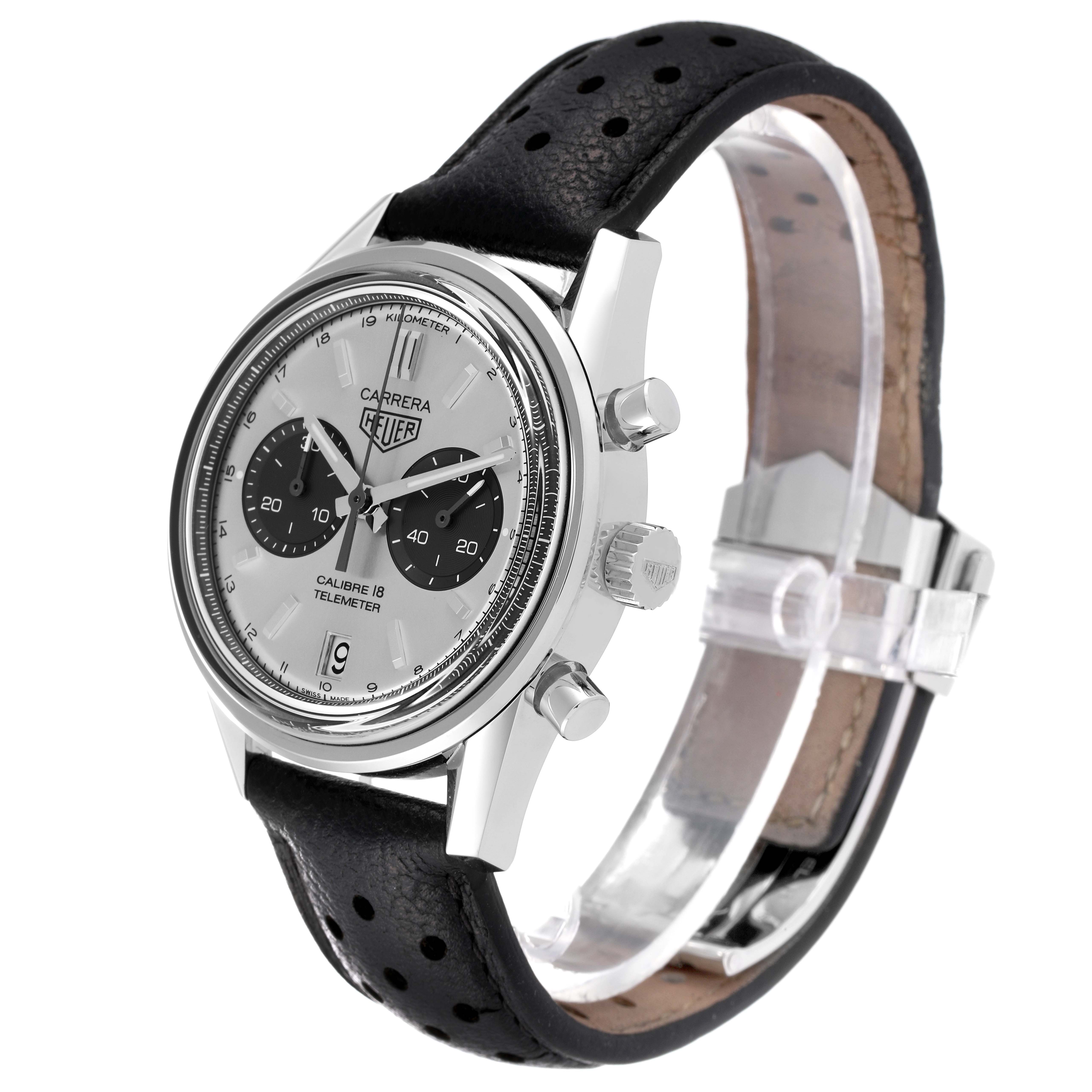 This image shows a side angle of the Tag Heuer Carrera CAR221A Men's Stainless Steel Silver Dial CAR221A Men's Stainless Steel Silver Dial watch, highlighting its dial, chronograph buttons, and perforated leather strap.