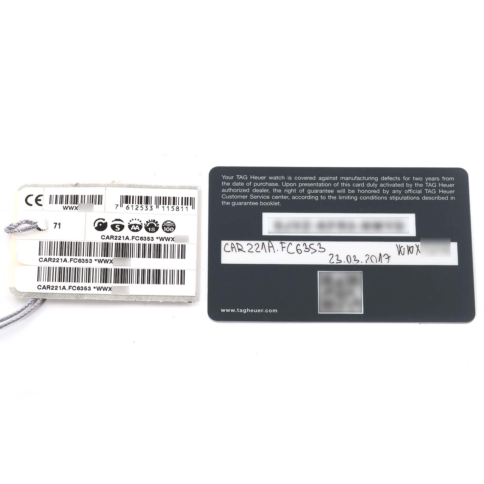 This image shows the warranty card and barcode tag for a Tag Heuer Carrera CAR221A Men's Stainless Steel Silver Dial CAR221A Men's Stainless Steel Silver Dial model watch.